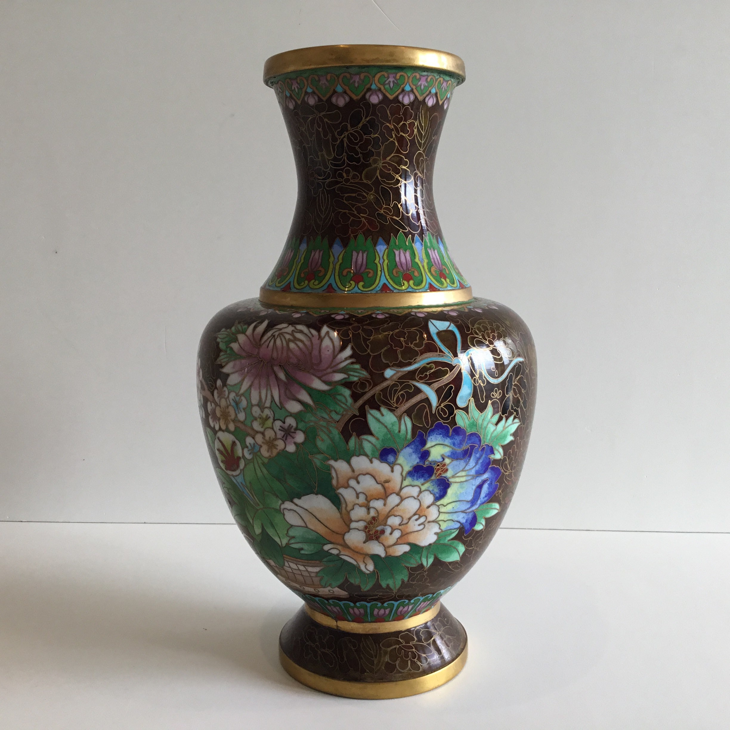 Vintage Cloisonné Vase | 1950s Chinese Enamel Floral Brown, Large Decorative Vase — photo 3 of 10