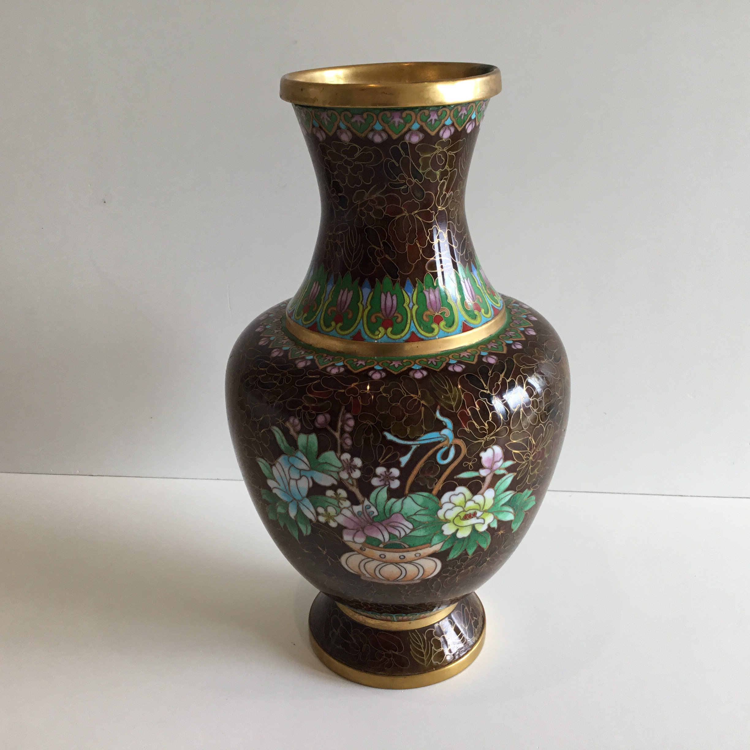 Vintage Cloisonné Vase | 1950s Chinese Enamel Floral Brown, Large Decorative Vase — photo 4 of 10