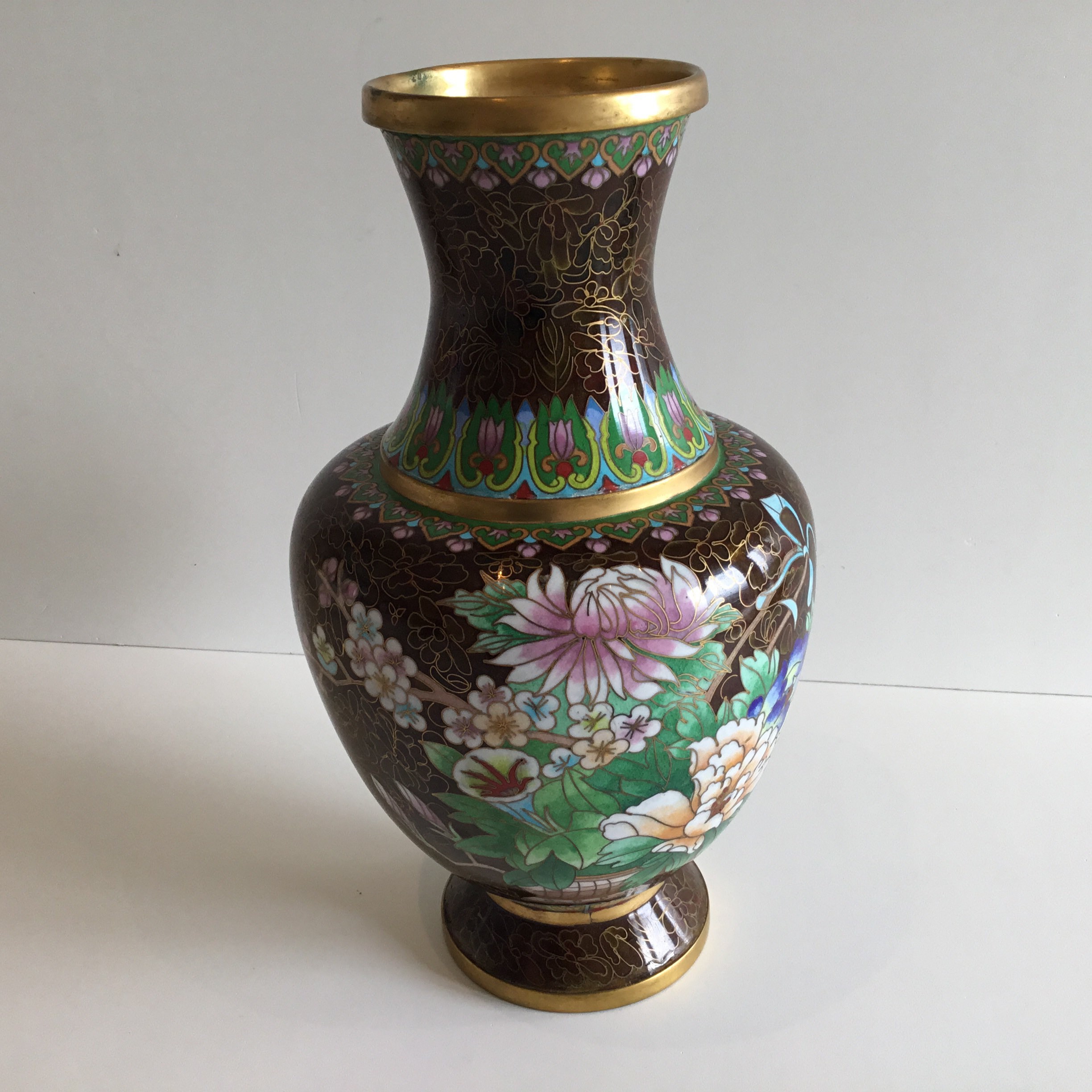 Vintage Cloisonné Vase | 1950s Chinese Enamel Floral Brown, Large Decorative Vase — photo 5 of 10