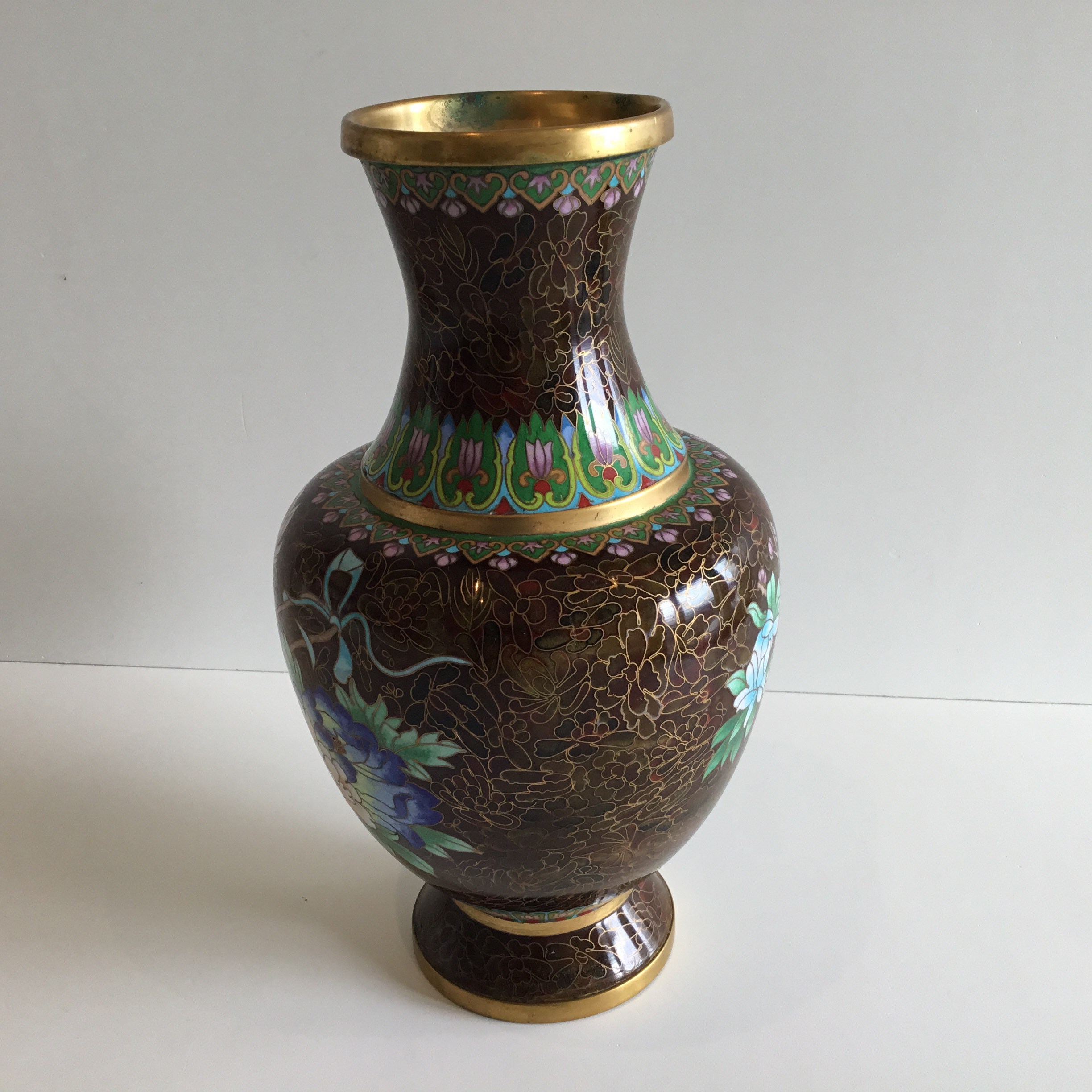 Vintage Cloisonné Vase | 1950s Chinese Enamel Floral Brown, Large Decorative Vase — photo 6 of 10