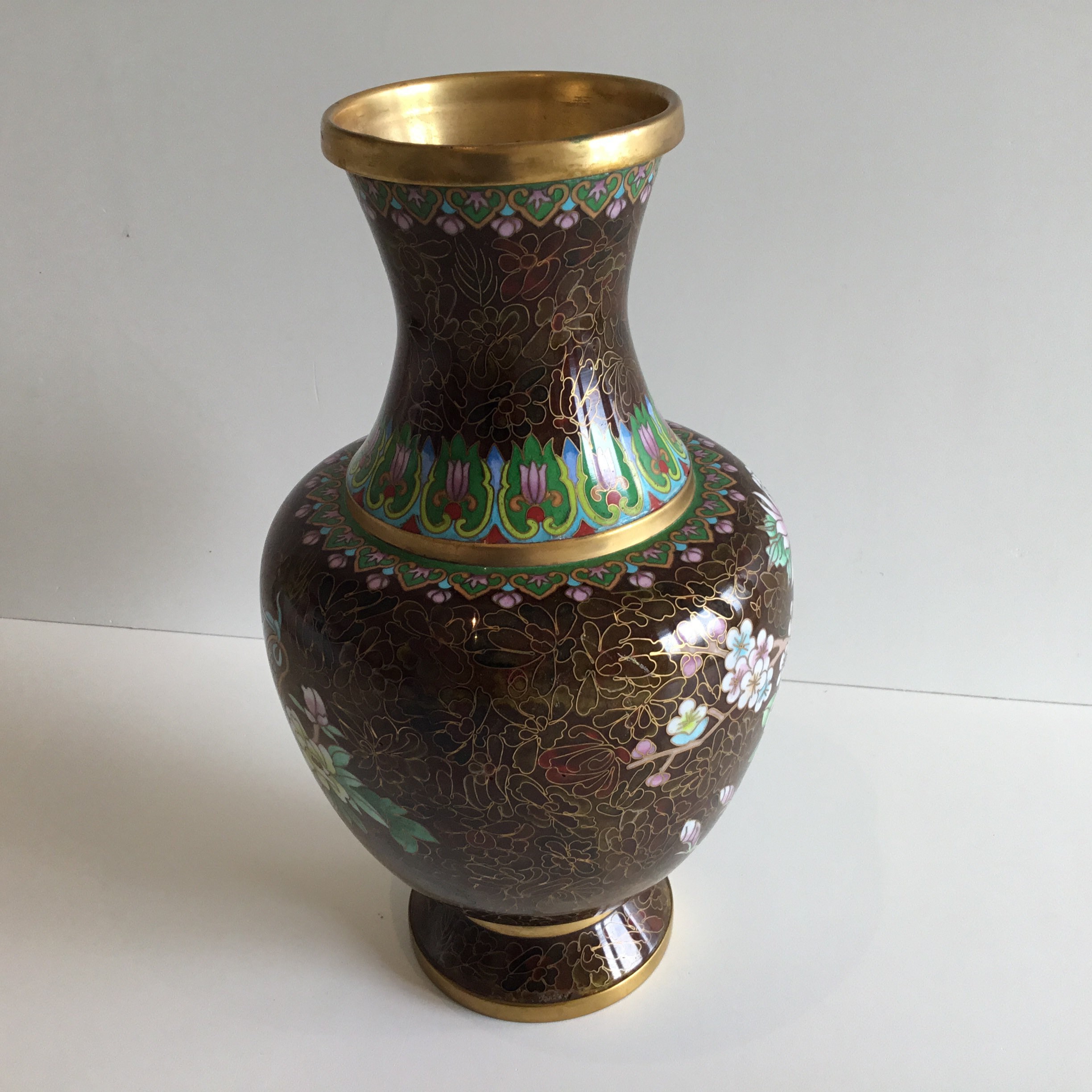 Vintage Cloisonné Vase | 1950s Chinese Enamel Floral Brown, Large Decorative Vase — photo 7 of 10