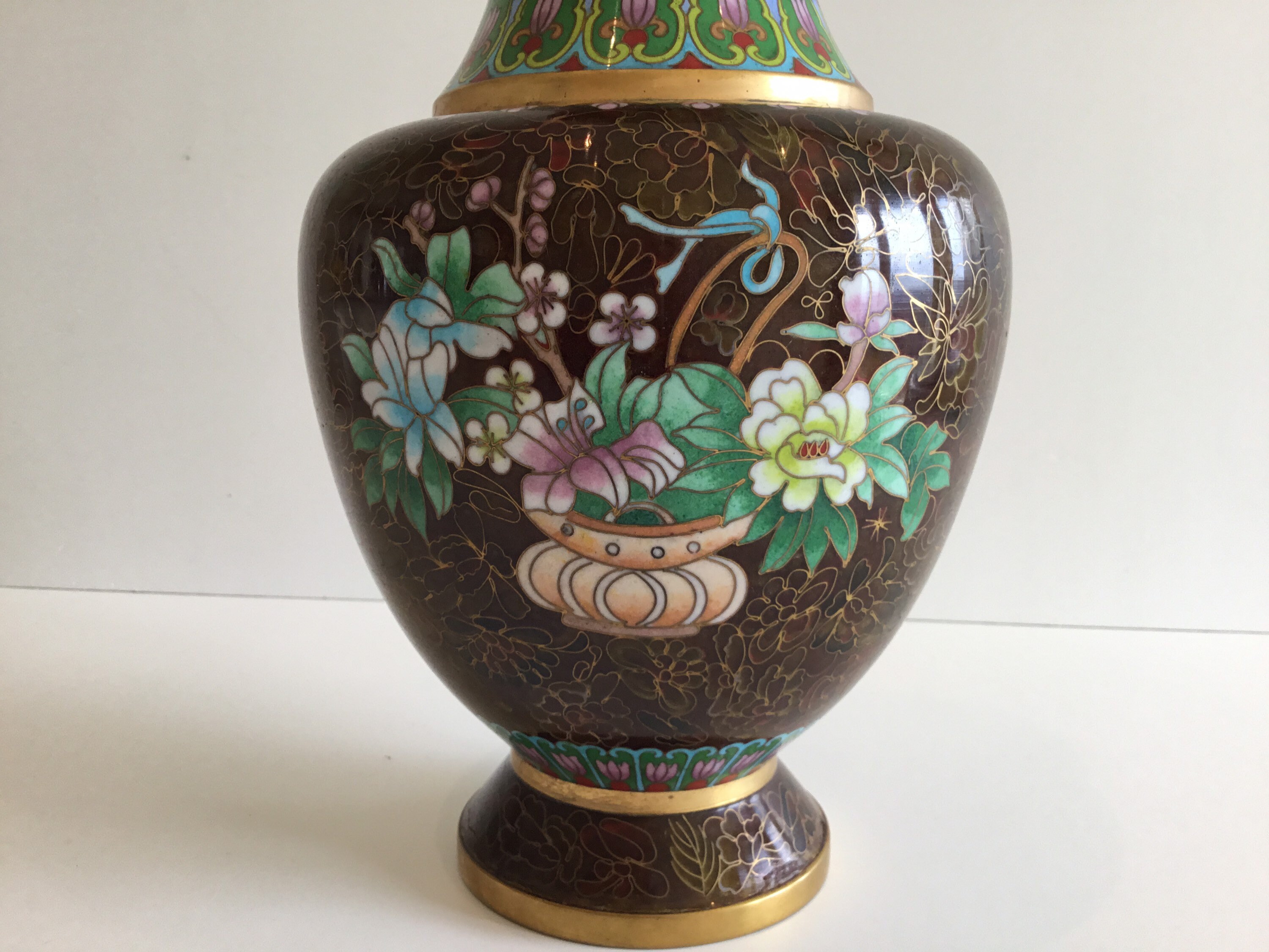 Vintage Cloisonné Vase | 1950s Chinese Enamel Floral Brown, Large Decorative Vase — photo 8 of 10