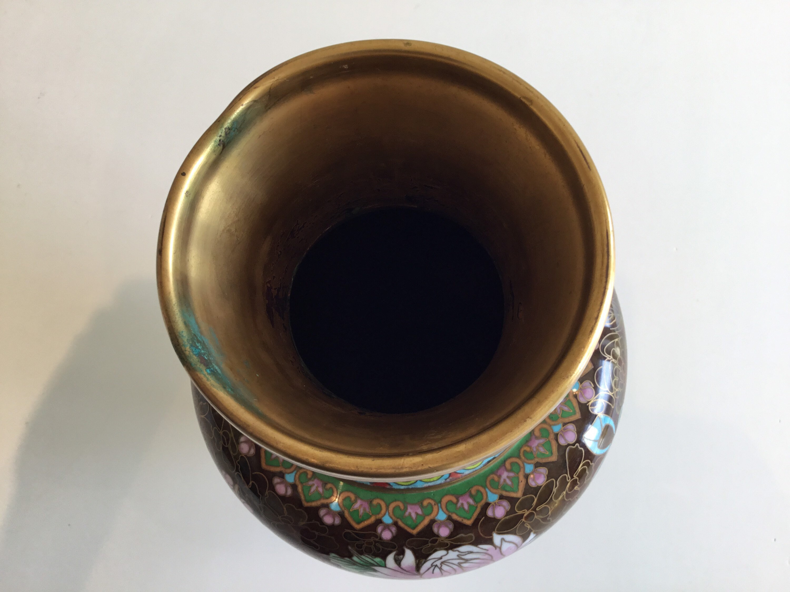 Vintage Cloisonné Vase | 1950s Chinese Enamel Floral Brown, Large Decorative Vase — photo 9 of 10