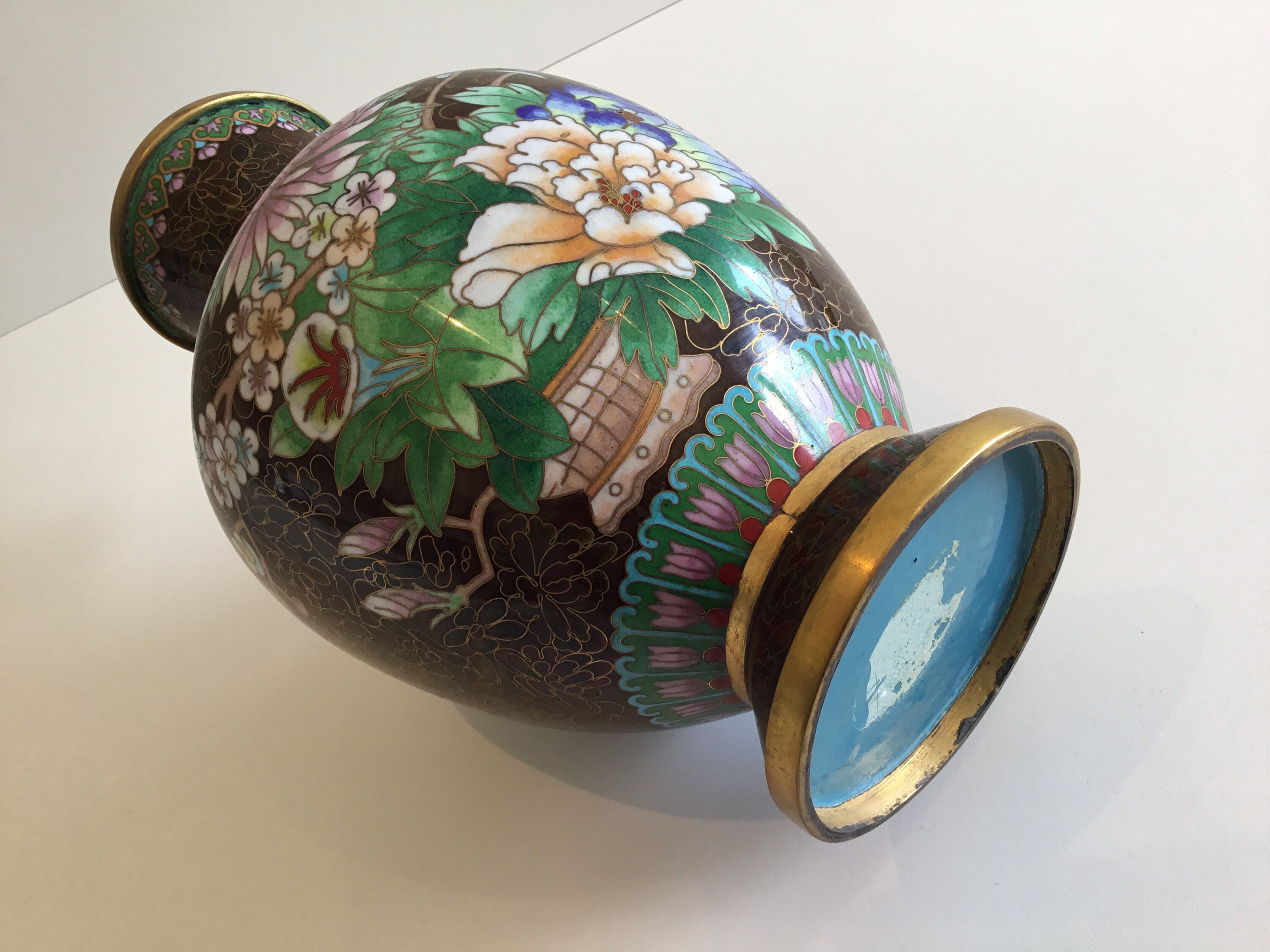Vintage Cloisonné Vase | 1950s Chinese Enamel Floral Brown, Large Decorative Vase — photo 10 of 10