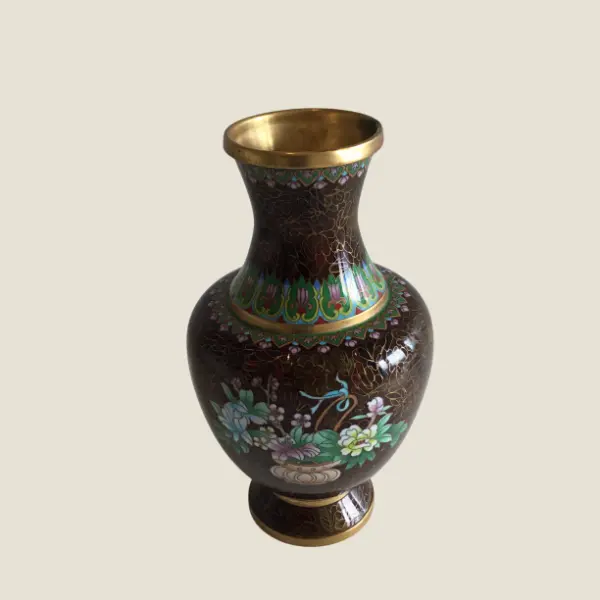 Vintage Cloisonné Vase | 1950s Chinese Enamel Floral Brown, Large Decorative Vase