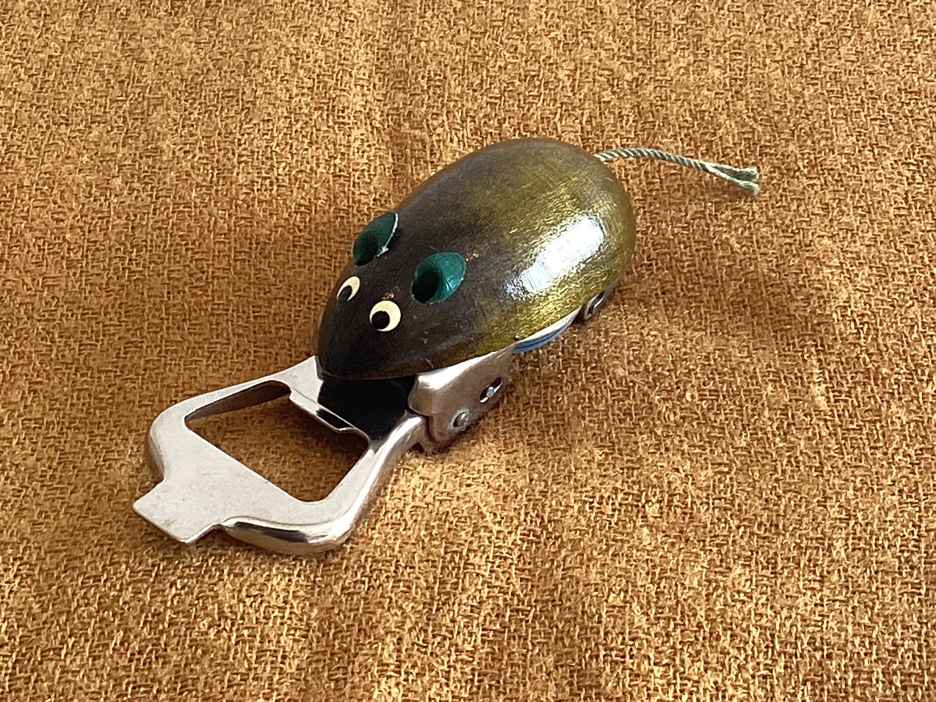 Vintage Bottle Opener | 1960s Mechanical Mouse, Wood Steel Collectible — photo 2 of 6