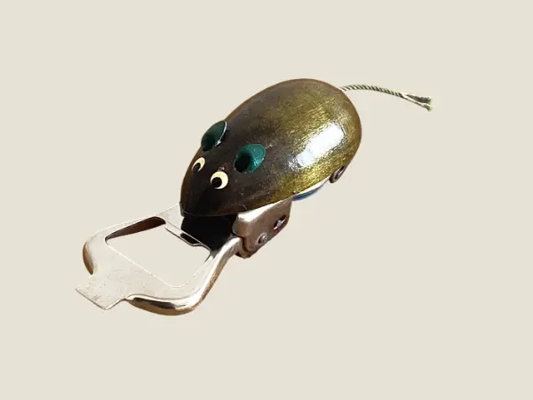 Vintage Bottle Opener | 1960s Mechanical Mouse, Wood Steel Collectible