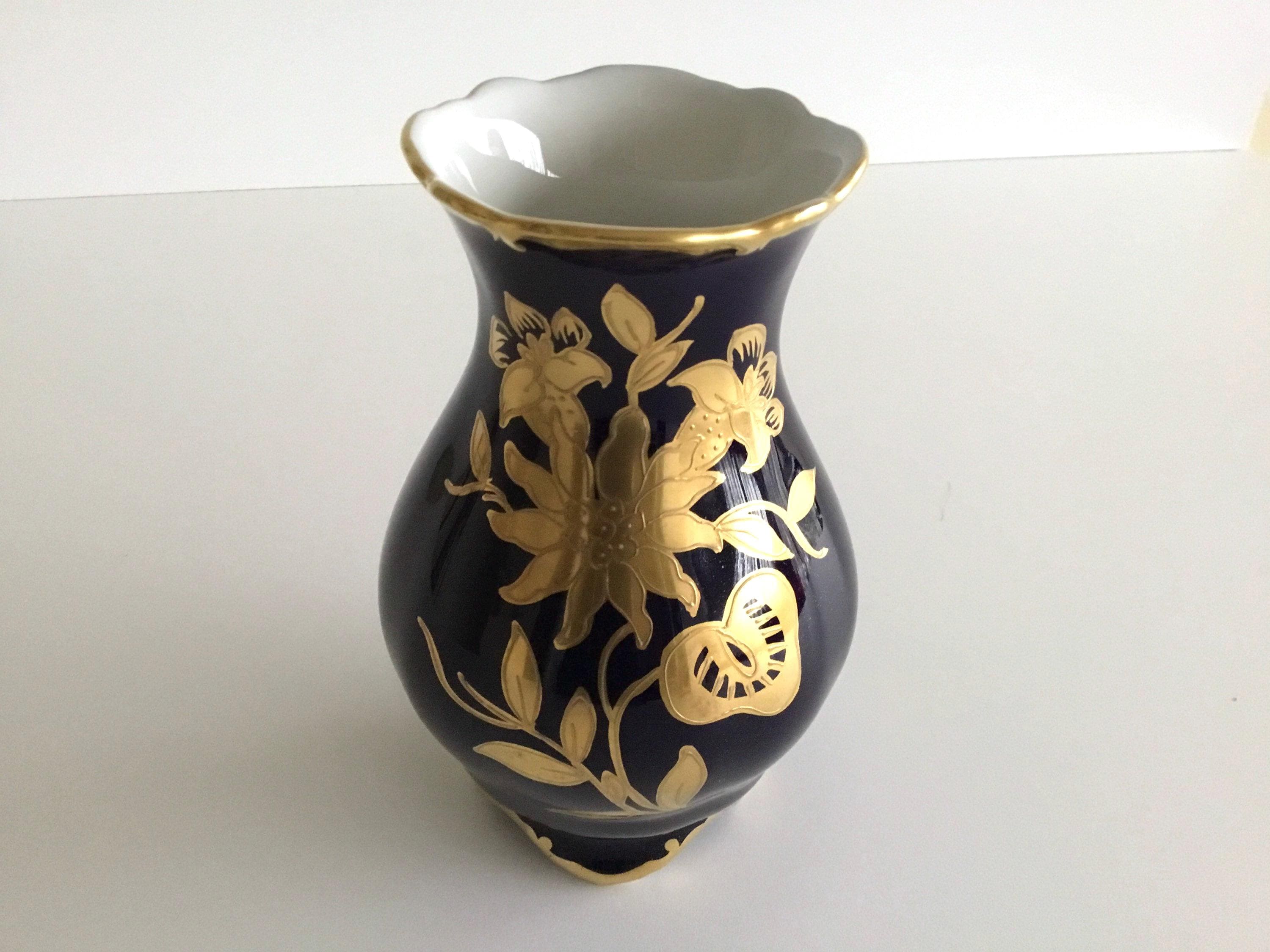 Vintage Porcelain Vase | JImenau Germany 1960s Cobalt Blue Gold, Hand Painted Floral — photo 2 of 6