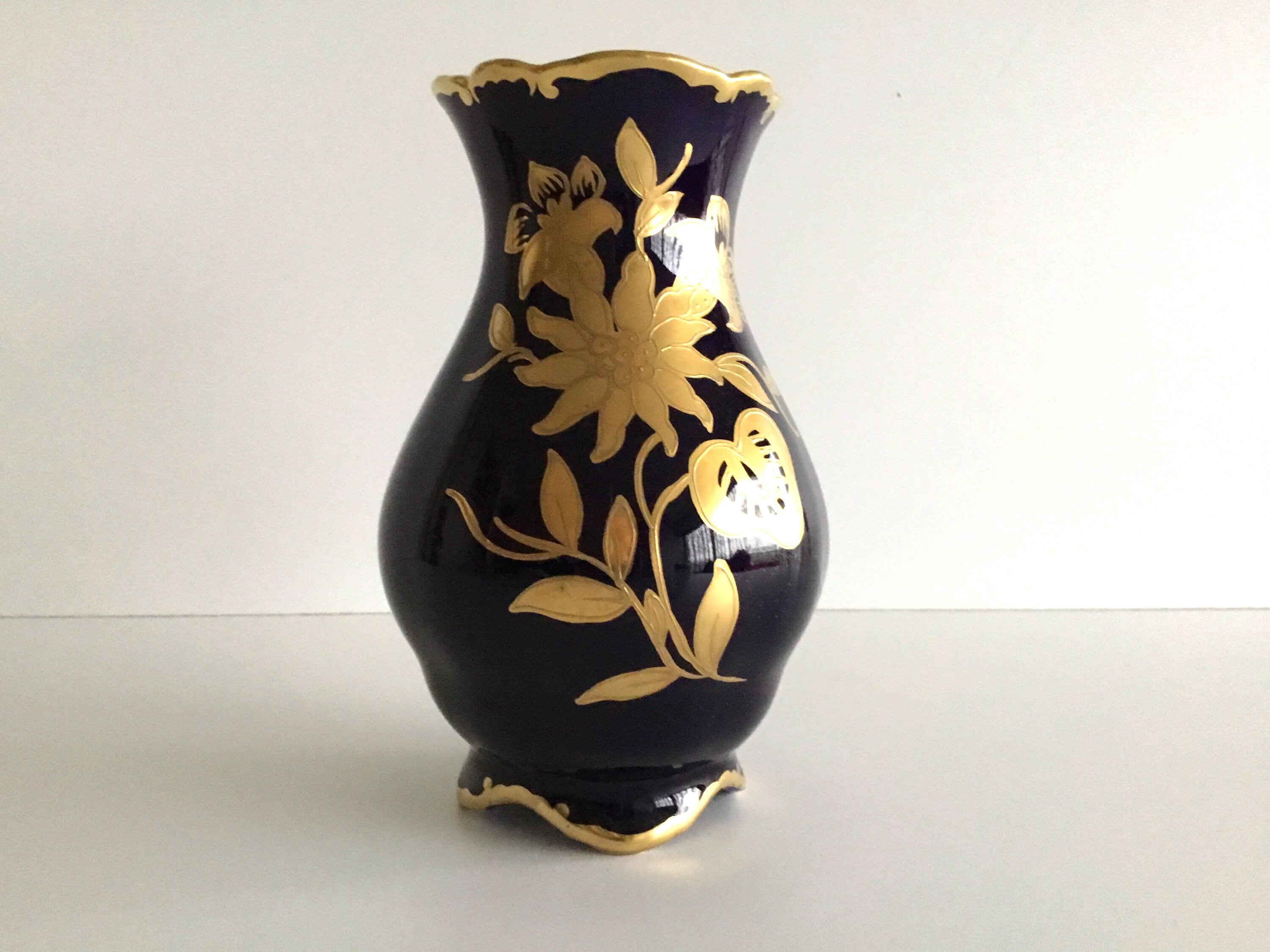 Vintage Porcelain Vase | JImenau Germany 1960s Cobalt Blue Gold, Hand Painted Floral — photo 3 of 6
