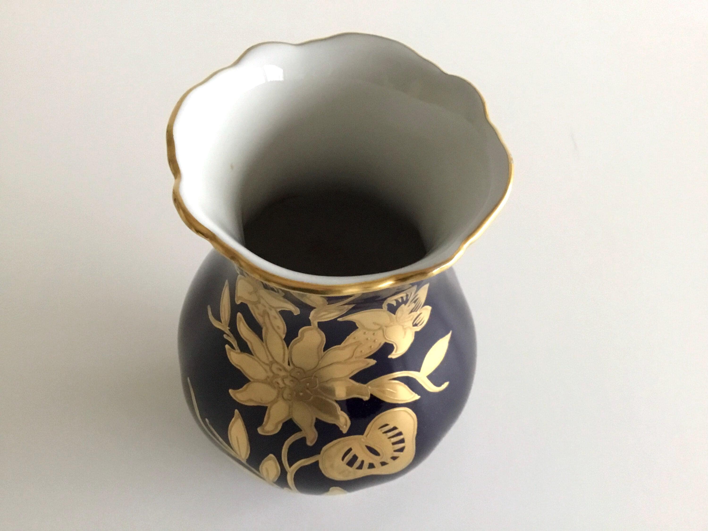 Vintage Porcelain Vase | JImenau Germany 1960s Cobalt Blue Gold, Hand Painted Floral — photo 4 of 6