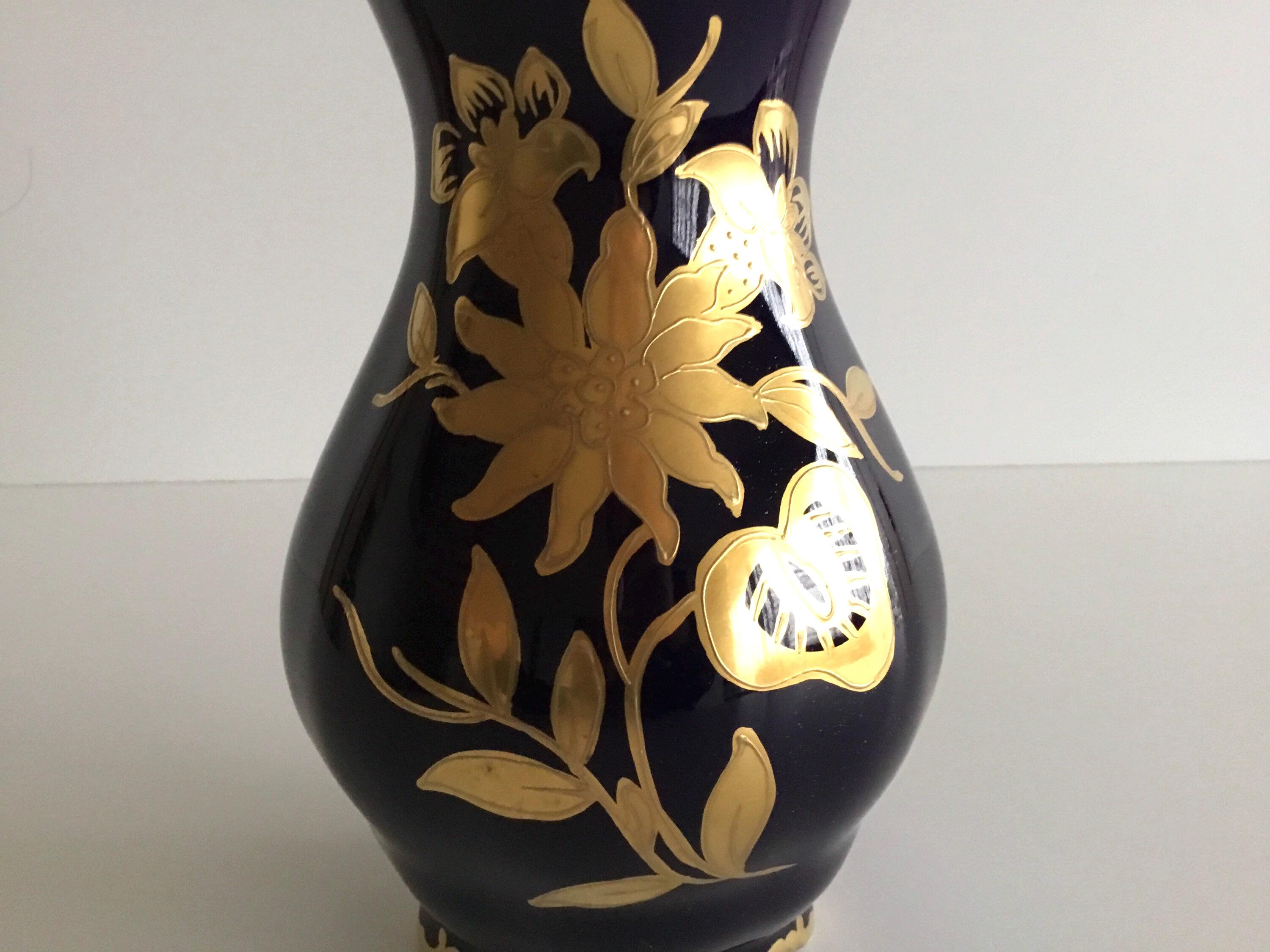 Vintage Porcelain Vase | JImenau Germany 1960s Cobalt Blue Gold, Hand Painted Floral — photo 5 of 6