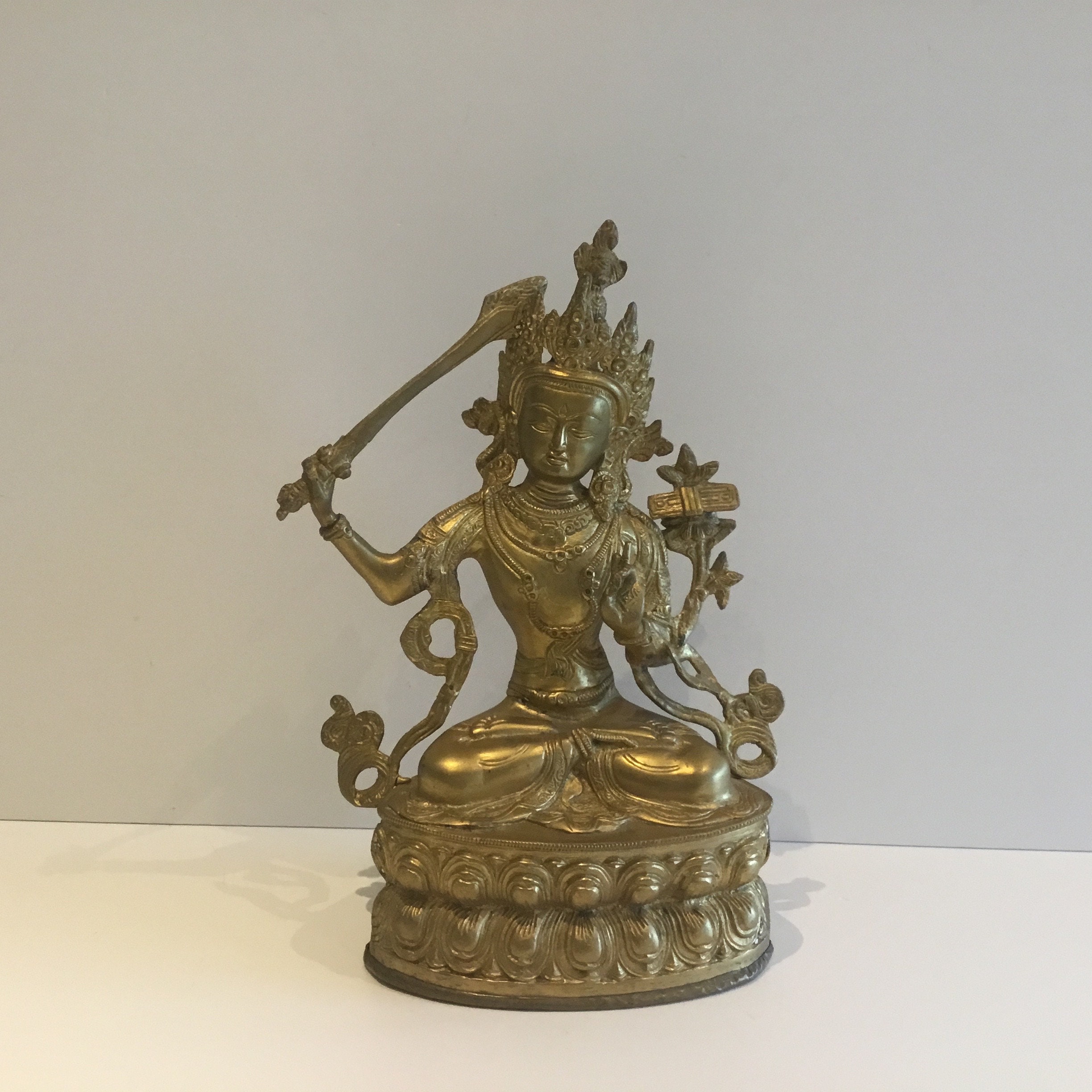 Vintage Bronze | Tibetan Buddha Manjushri Statue, 1950s Buddhist Sculpture, 3.5 kg Ritual Art — photo 2 of 8