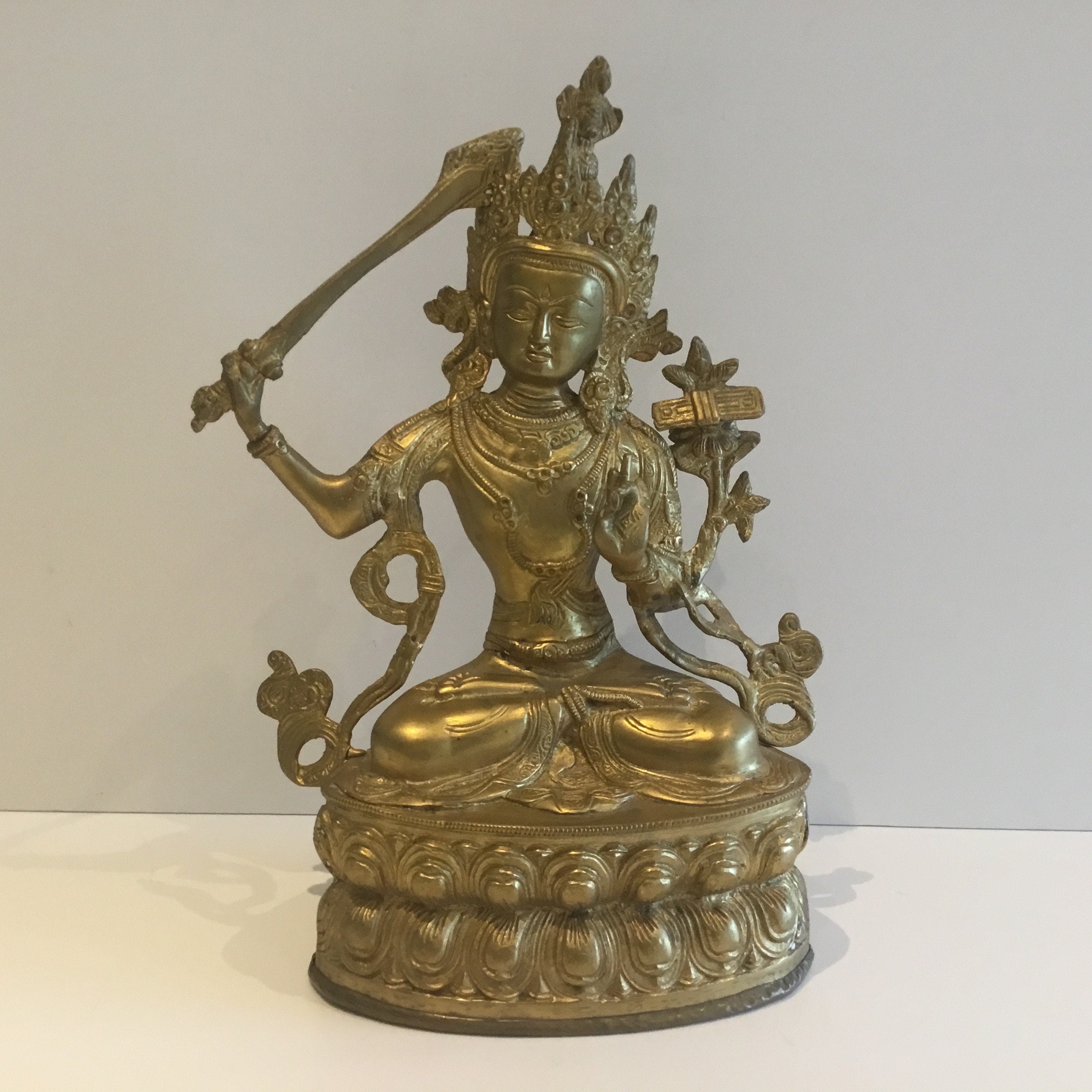 Vintage Bronze | Tibetan Buddha Manjushri Statue, 1950s Buddhist Sculpture, 3.5 kg Ritual Art — photo 3 of 8
