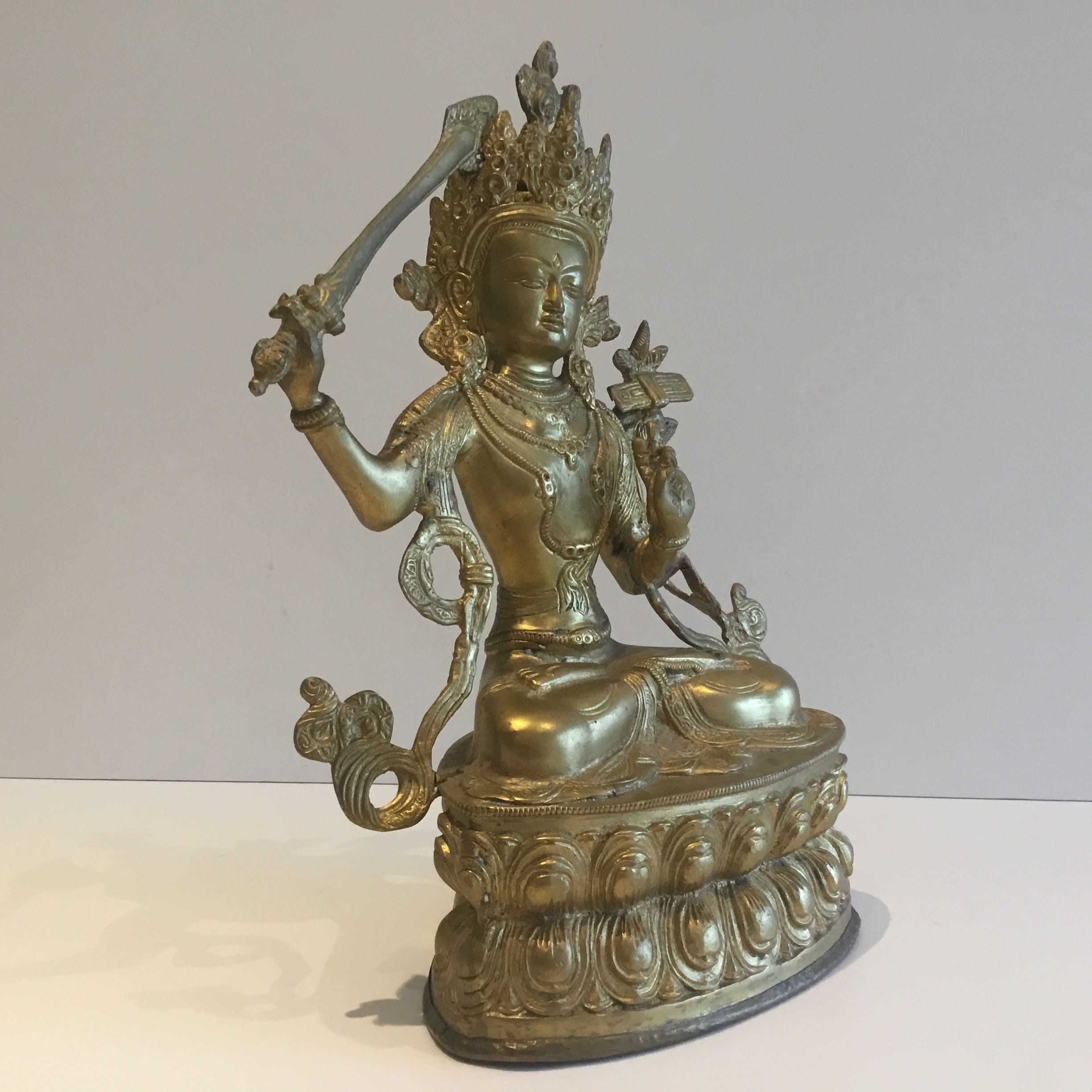 Vintage Bronze | Tibetan Buddha Manjushri Statue, 1950s Buddhist Sculpture, 3.5 kg Ritual Art — photo 4 of 8