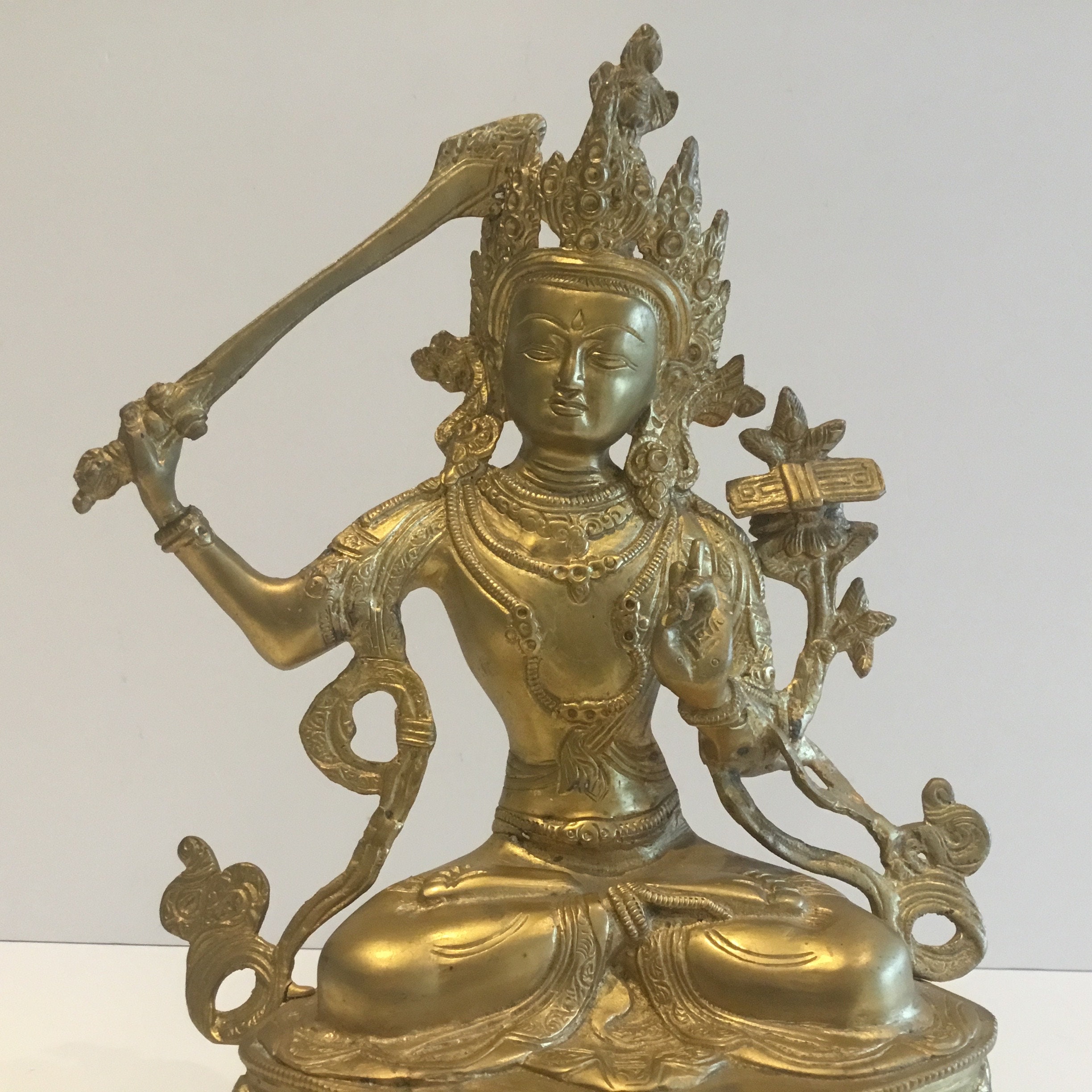 Vintage Bronze | Tibetan Buddha Manjushri Statue, 1950s Buddhist Sculpture, 3.5 kg Ritual Art — photo 6 of 8
