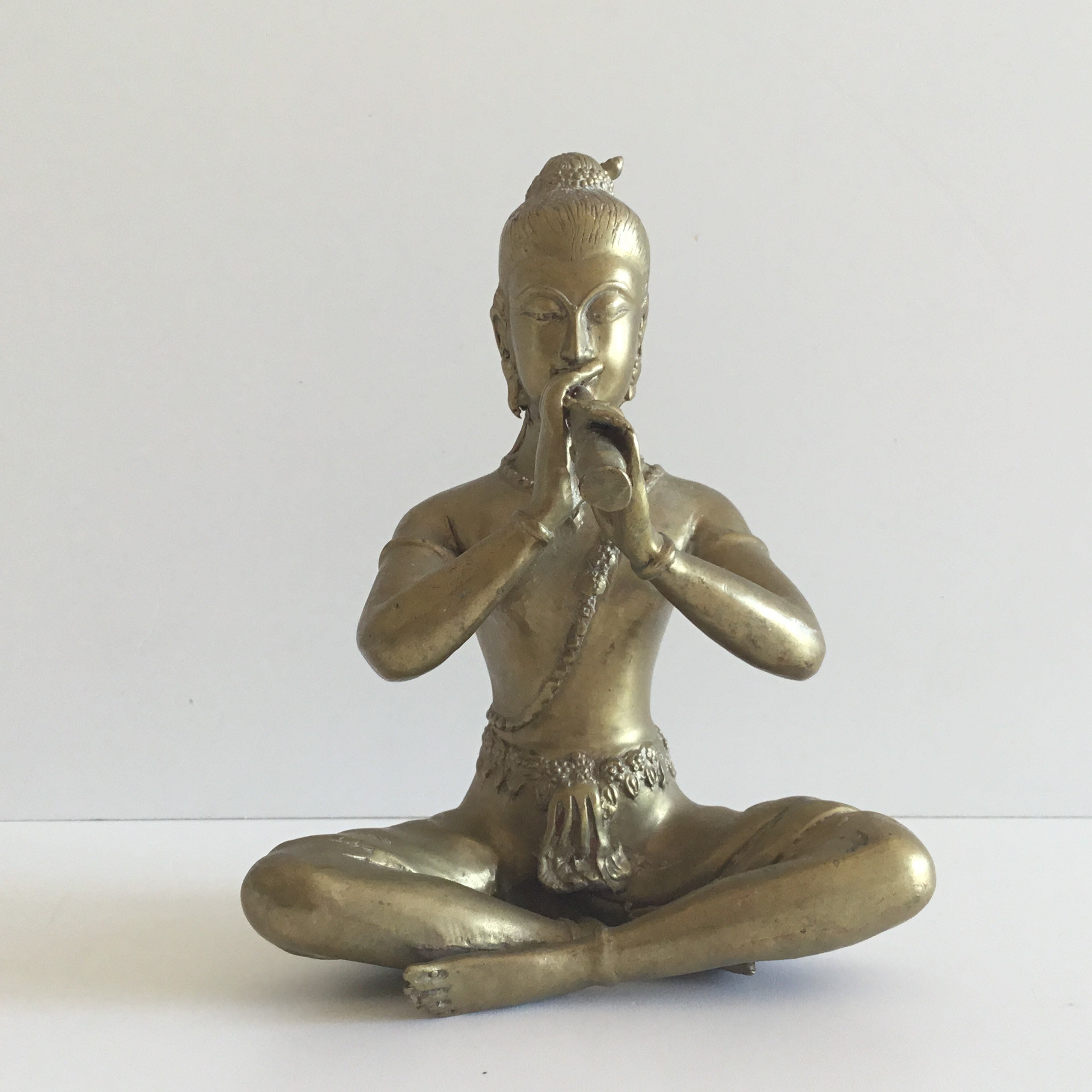 Vintage Bronze Figurine | 1940s Thai Flute Player, Asian Divinity Handmade Statue — photo 2 of 10