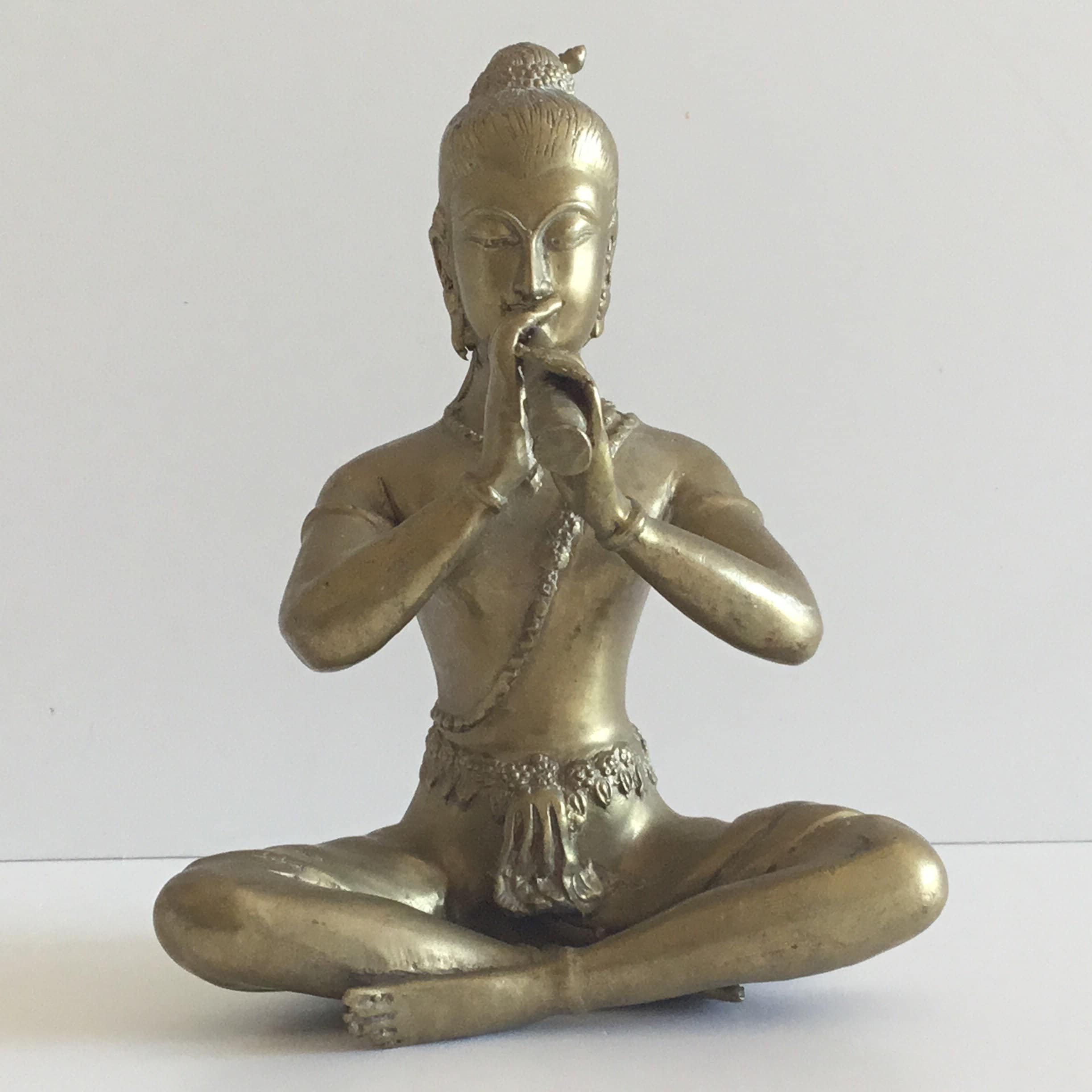 Vintage Bronze Figurine | 1940s Thai Flute Player, Asian Divinity Handmade Statue — photo 3 of 10
