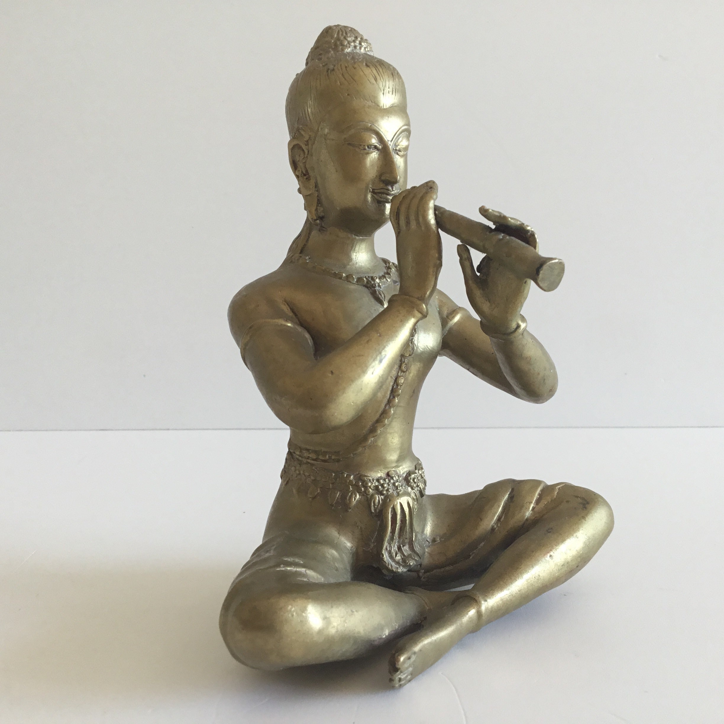 Vintage Bronze Figurine | 1940s Thai Flute Player, Asian Divinity Handmade Statue — photo 4 of 10