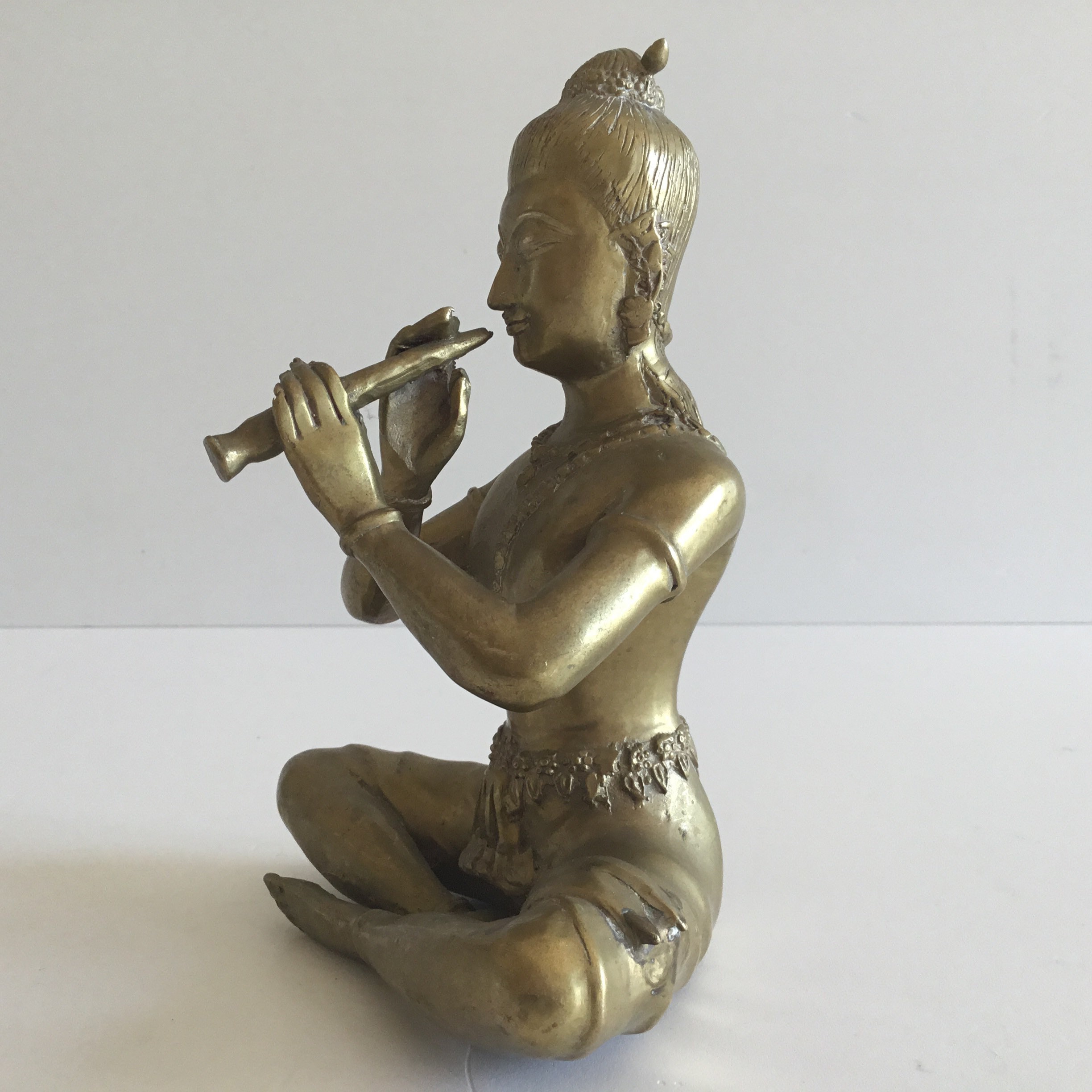 Vintage Bronze Figurine | 1940s Thai Flute Player, Asian Divinity Handmade Statue — photo 6 of 10