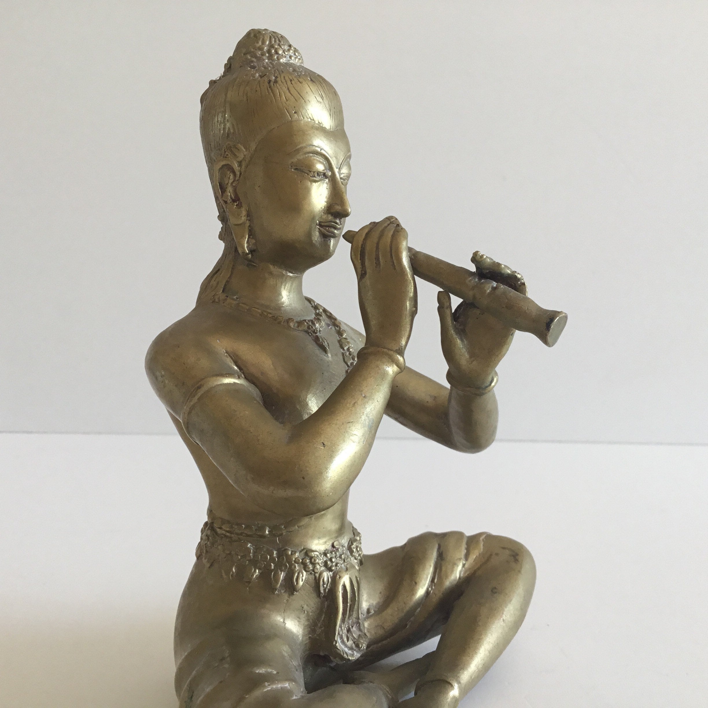 Vintage Bronze Figurine | 1940s Thai Flute Player, Asian Divinity Handmade Statue — photo 7 of 10