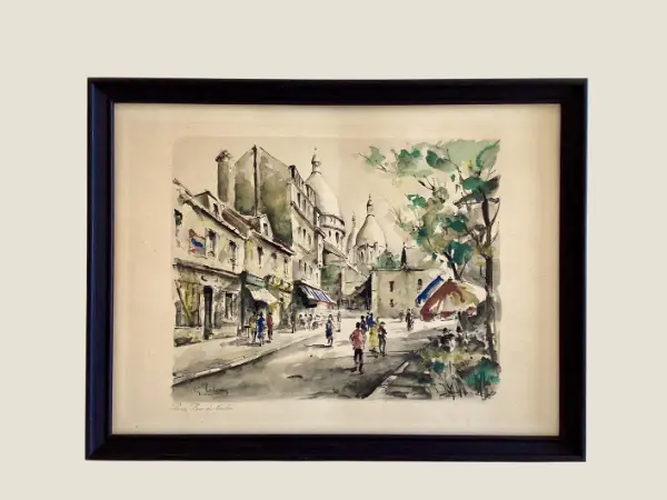 Vintage Art – Parisian View (1950s) G. Lelong, Hand-Watercolor Etching
