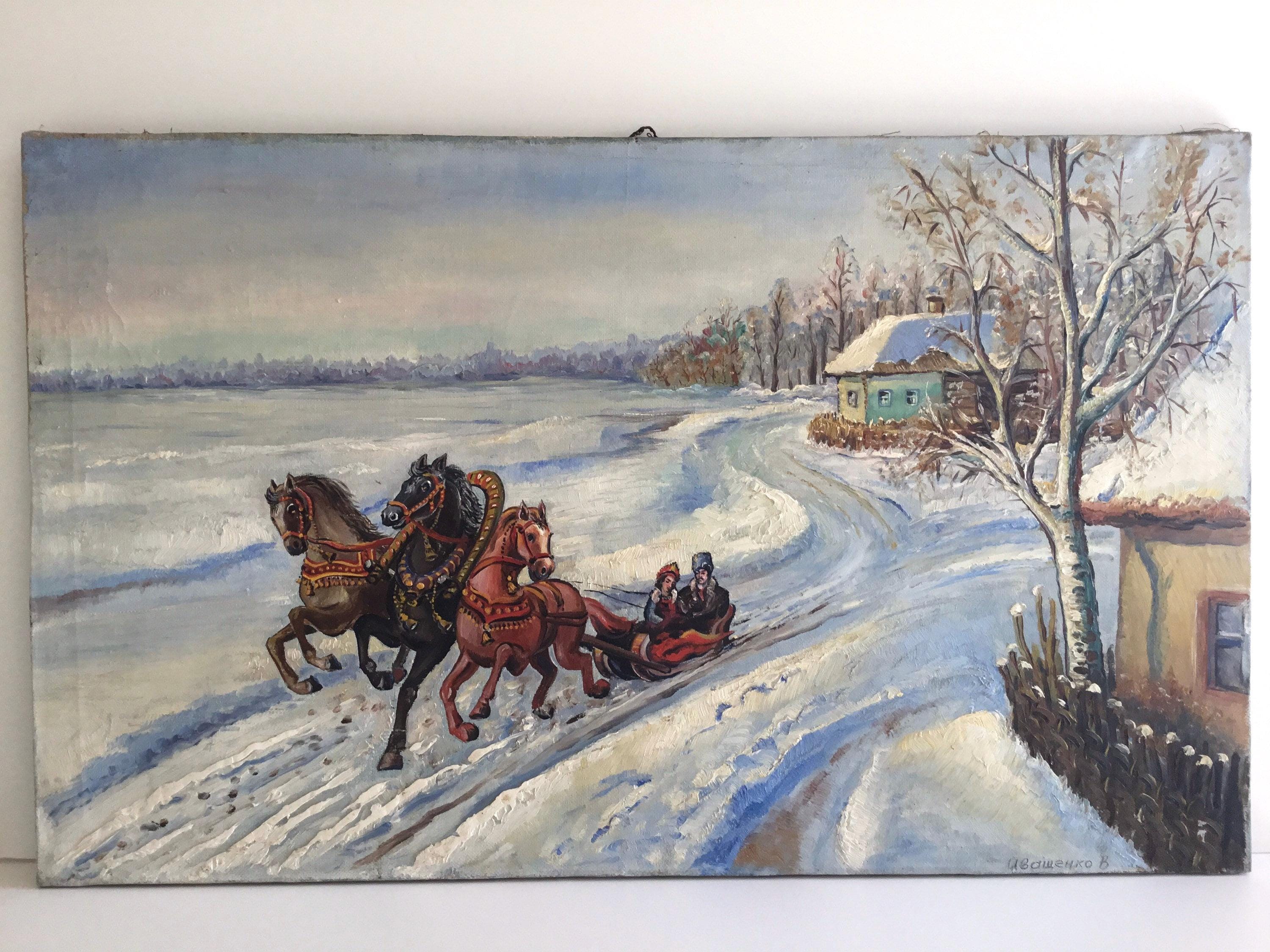 Vintage Painting | 1900s Ukrainian Troika Scene, Ivaschenko V. Oil on Canvas — photo 2 of 11