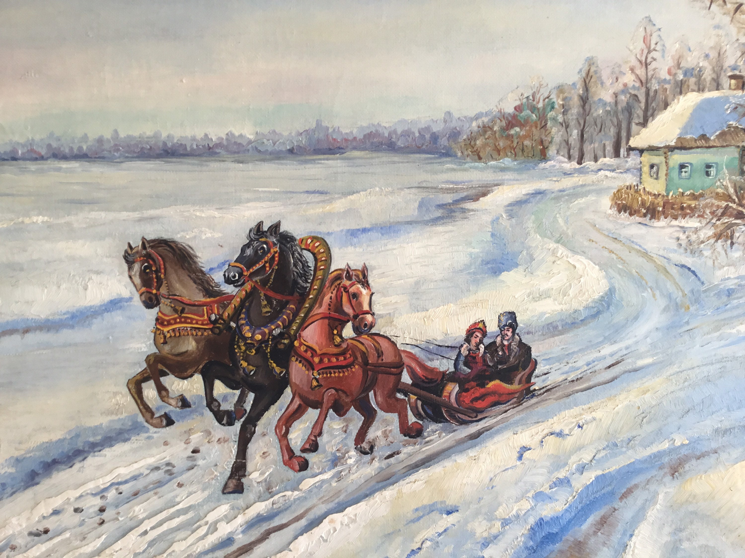 Vintage Painting | 1900s Ukrainian Troika Scene, Ivaschenko V. Oil on Canvas — photo 3 of 11