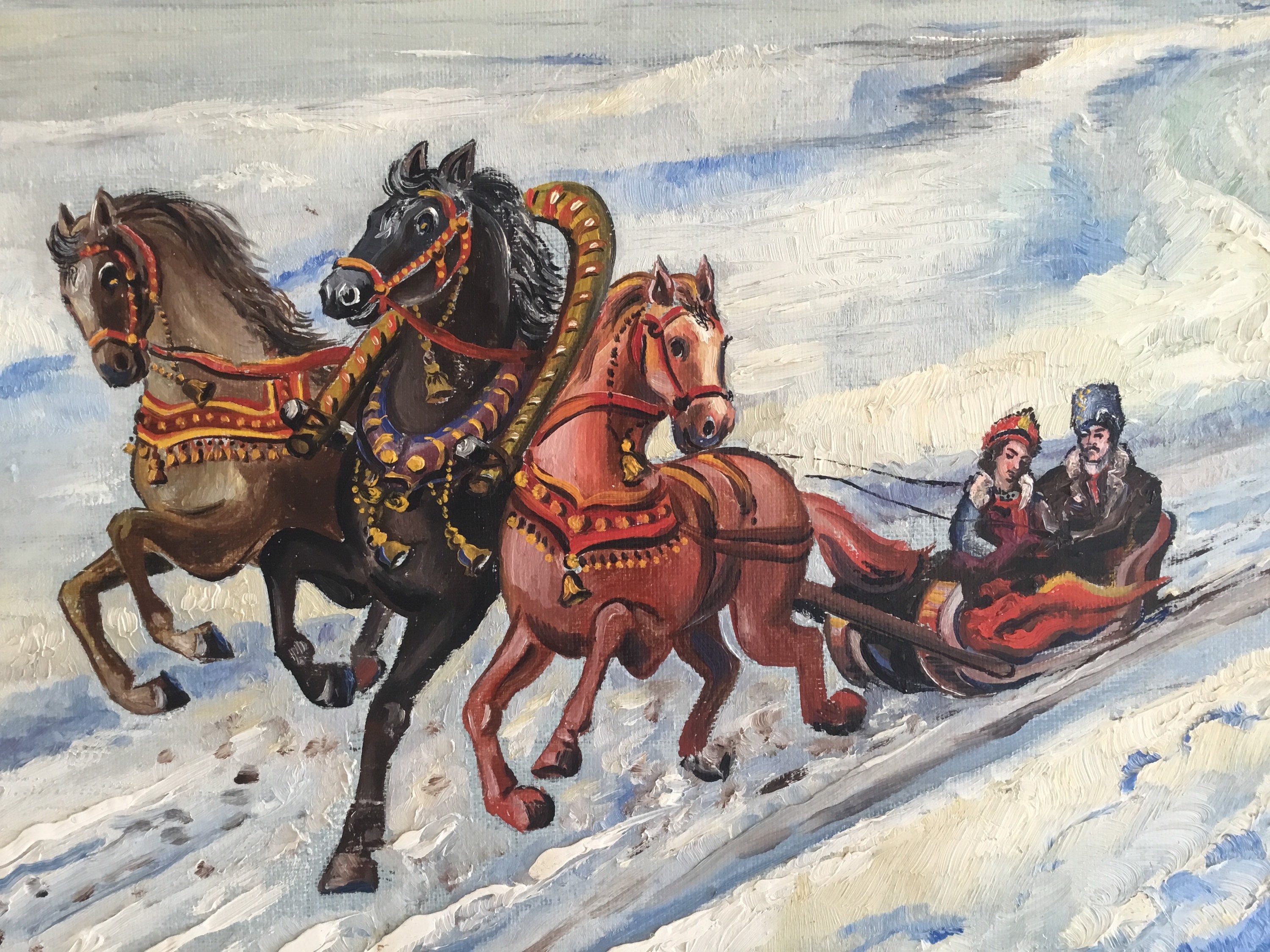 Vintage Painting | 1900s Ukrainian Troika Scene, Ivaschenko V. Oil on Canvas — photo 4 of 11