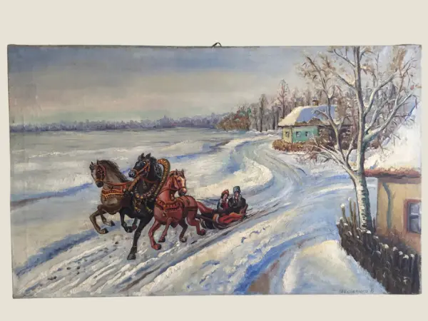 Vintage Painting | 1900s Ukrainian Troika Scene, Ivaschenko V. Oil on Canvas