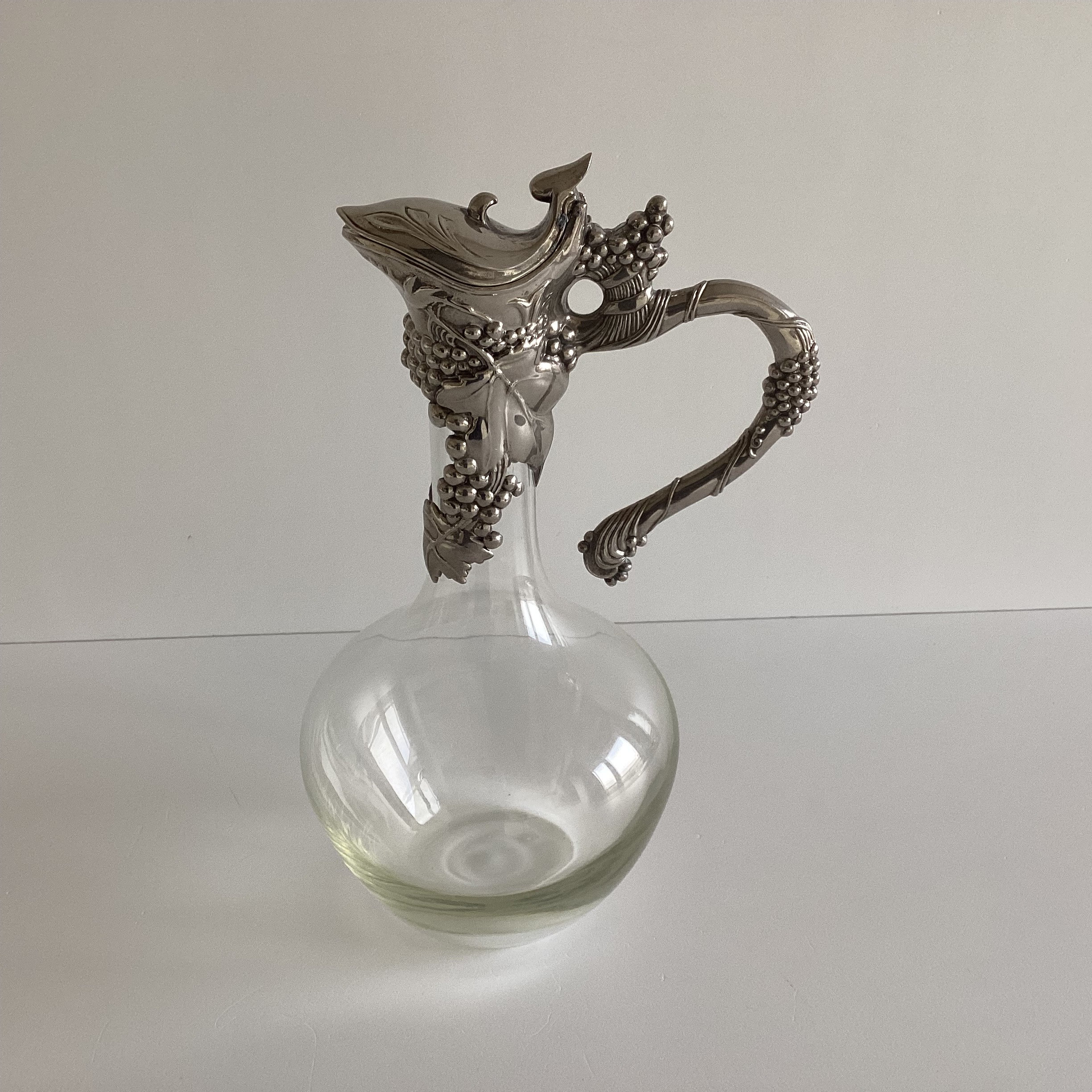 Antique Art Nouveau Decanter | French Glass & Silvered Tin, Floral Leaf Design, Home Decor — photo 2 of 7