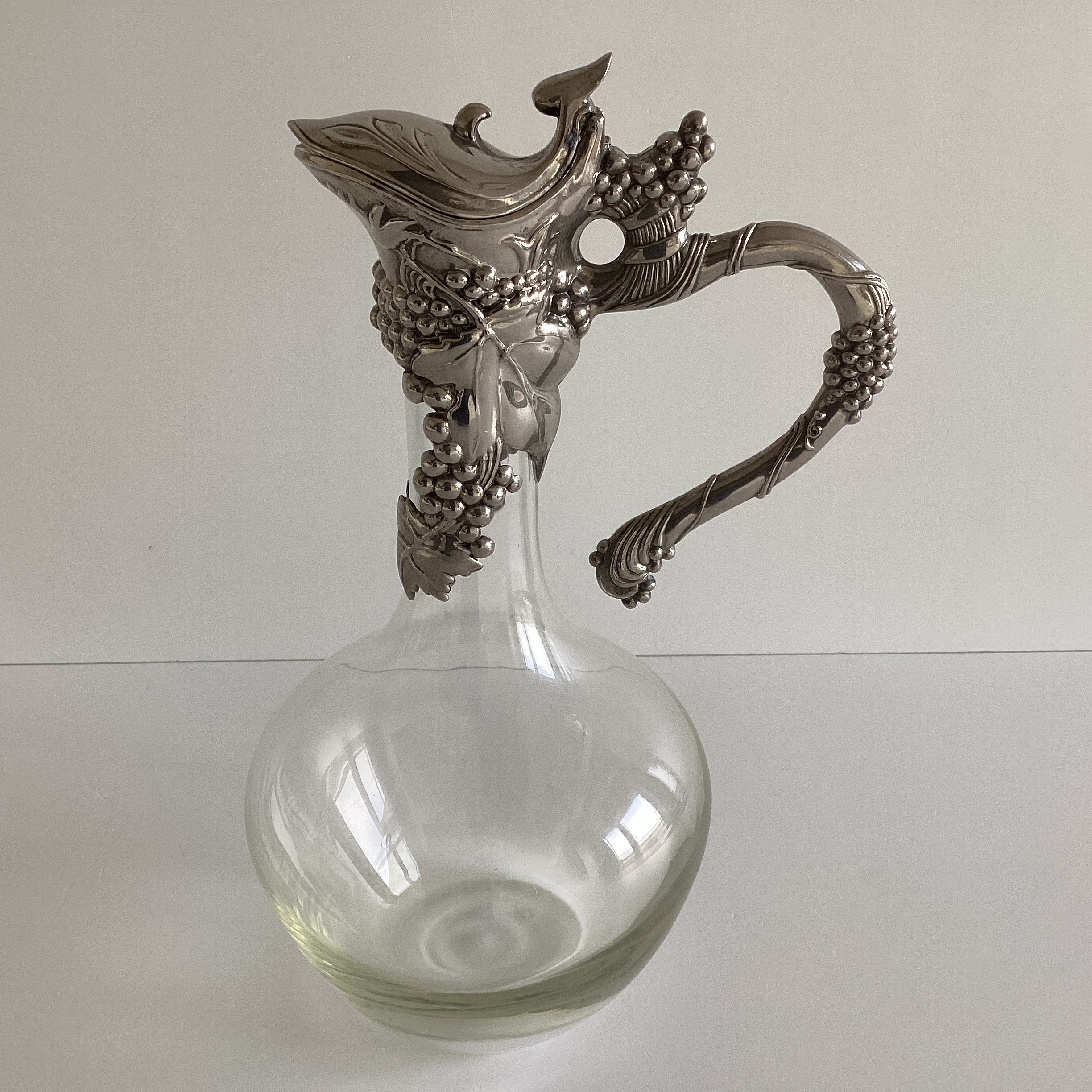 Antique Art Nouveau Decanter | French Glass & Silvered Tin, Floral Leaf Design, Home Decor — photo 3 of 7