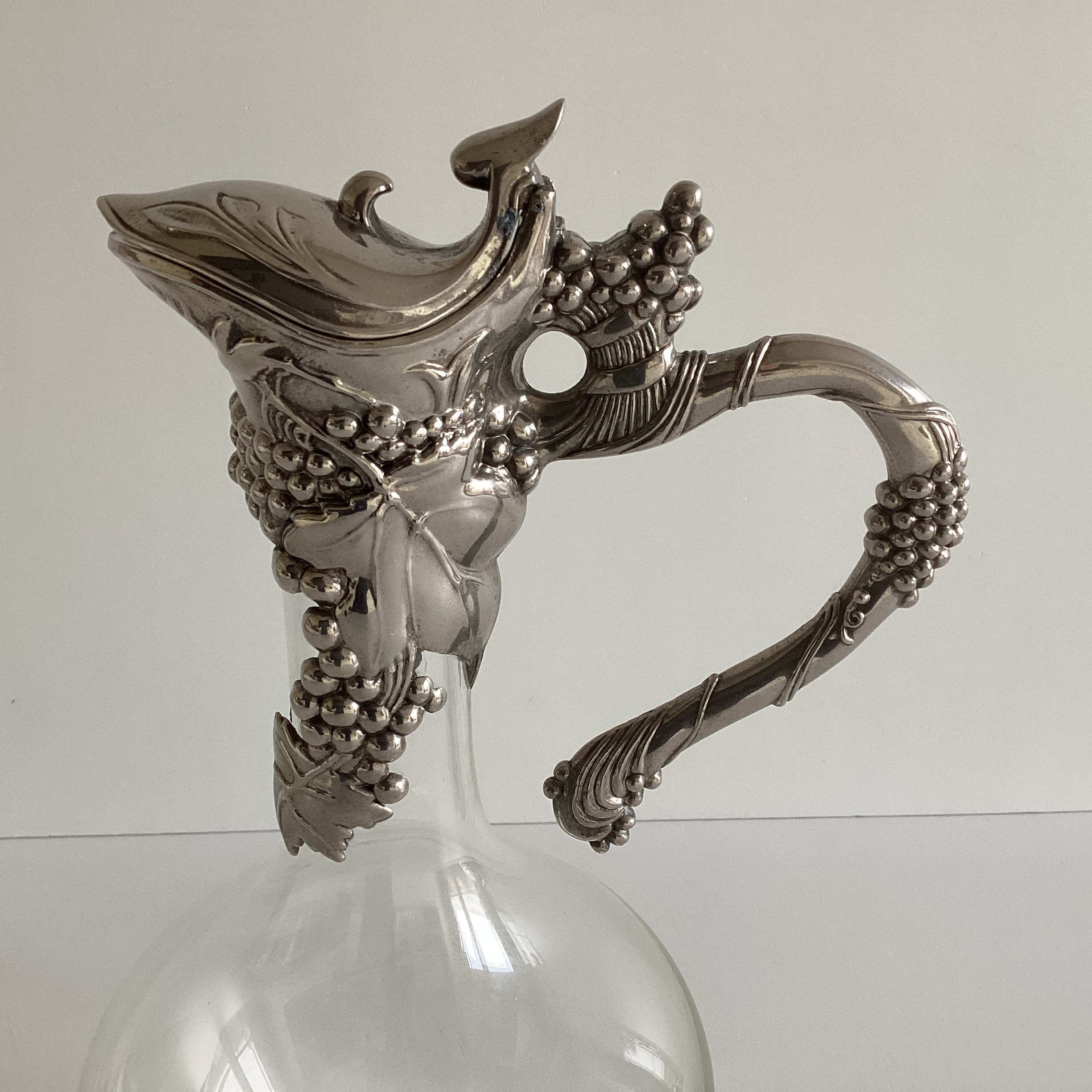 Antique Art Nouveau Decanter | French Glass & Silvered Tin, Floral Leaf Design, Home Decor — photo 4 of 7