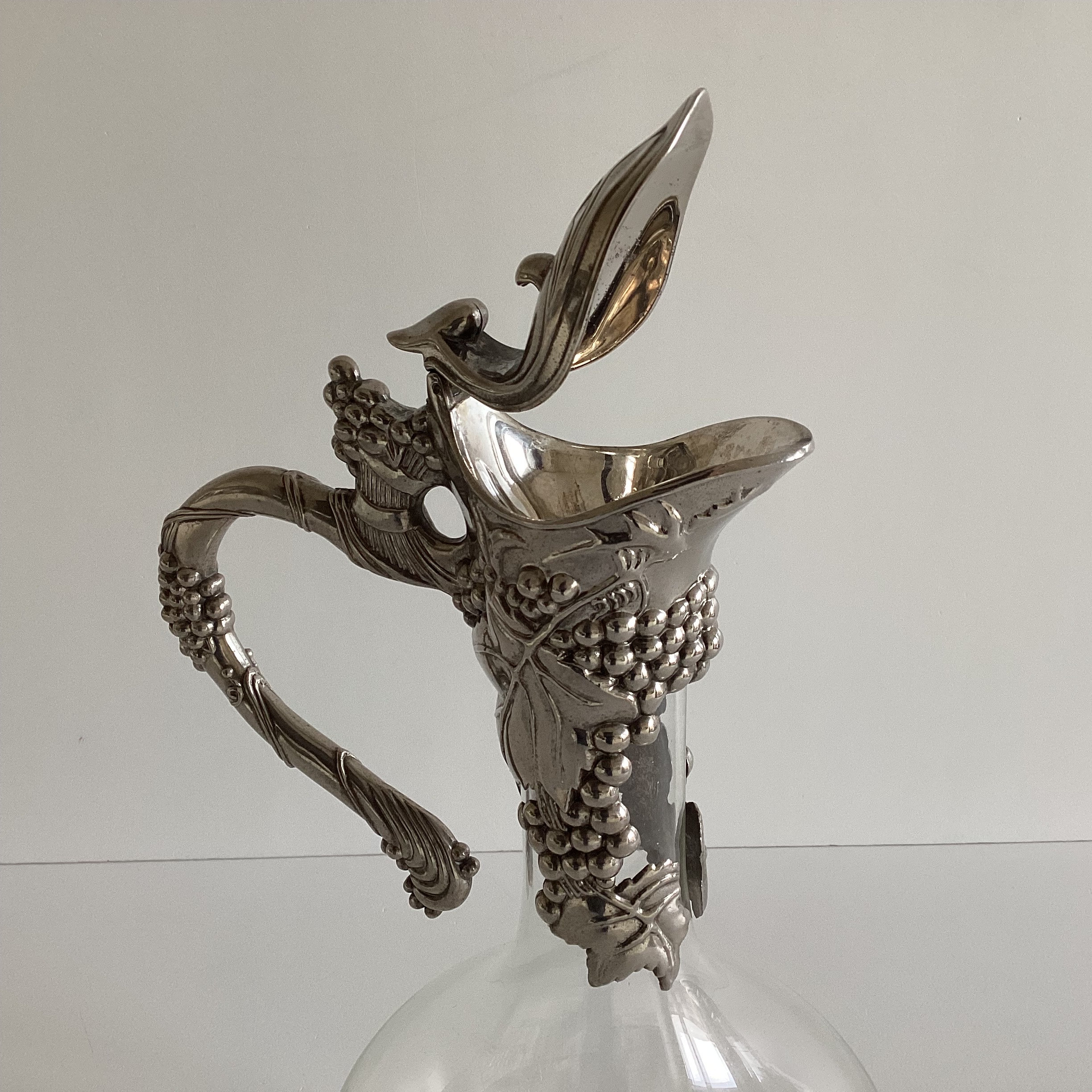 Antique Art Nouveau Decanter | French Glass & Silvered Tin, Floral Leaf Design, Home Decor — photo 5 of 7