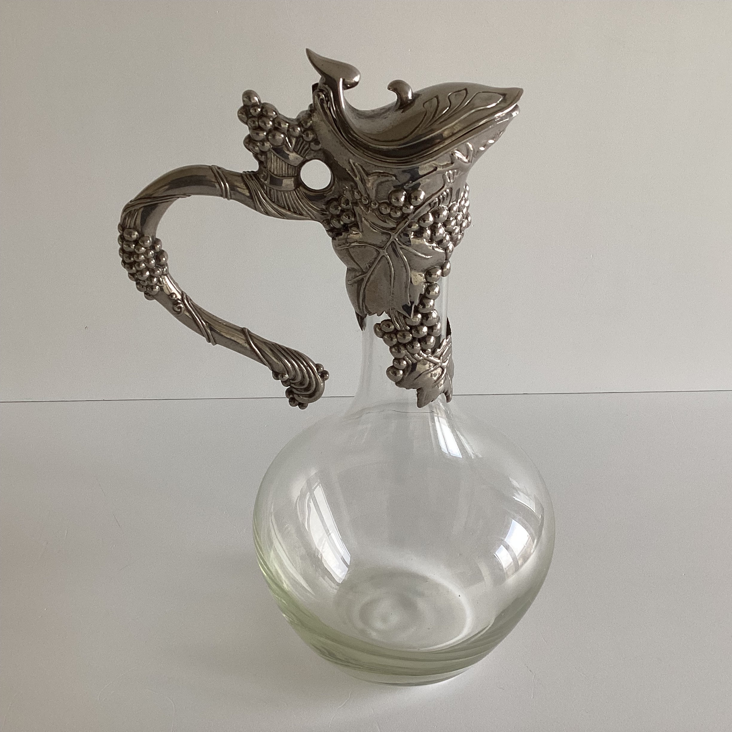 Antique Art Nouveau Decanter | French Glass & Silvered Tin, Floral Leaf Design, Home Decor — photo 6 of 7