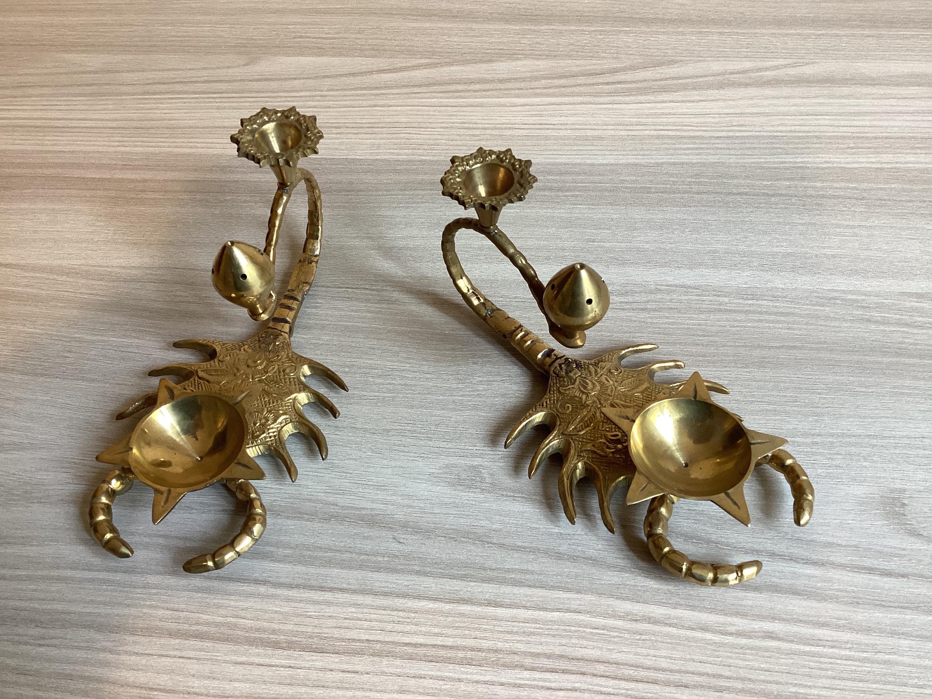 Vintage Candle Holders | 1950s Indian Brass Scorpion Shape, Incense & Fragrance Pair — photo 2 of 9