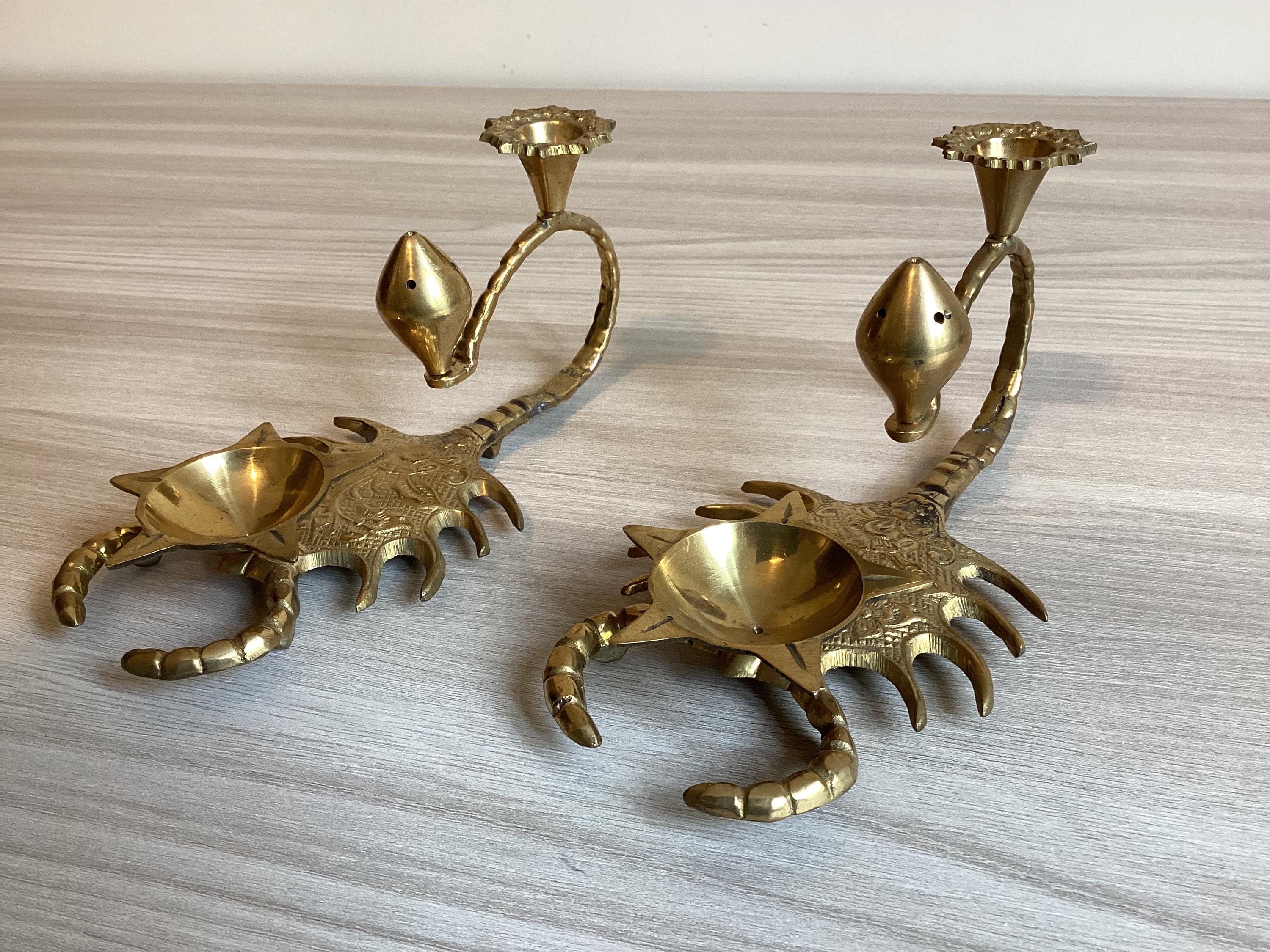Vintage Candle Holders | 1950s Indian Brass Scorpion Shape, Incense & Fragrance Pair — photo 3 of 9