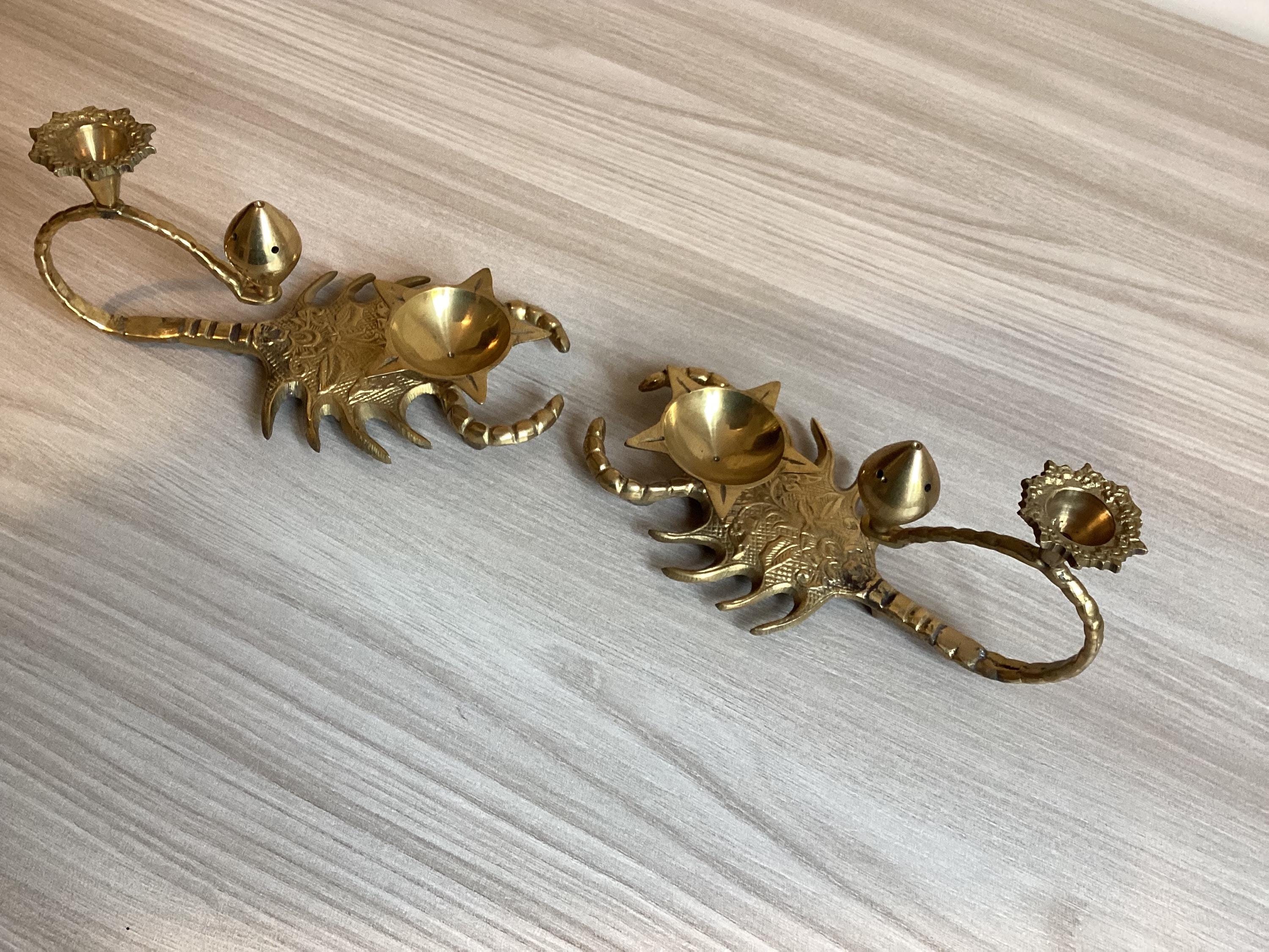 Vintage Candle Holders | 1950s Indian Brass Scorpion Shape, Incense & Fragrance Pair — photo 4 of 9