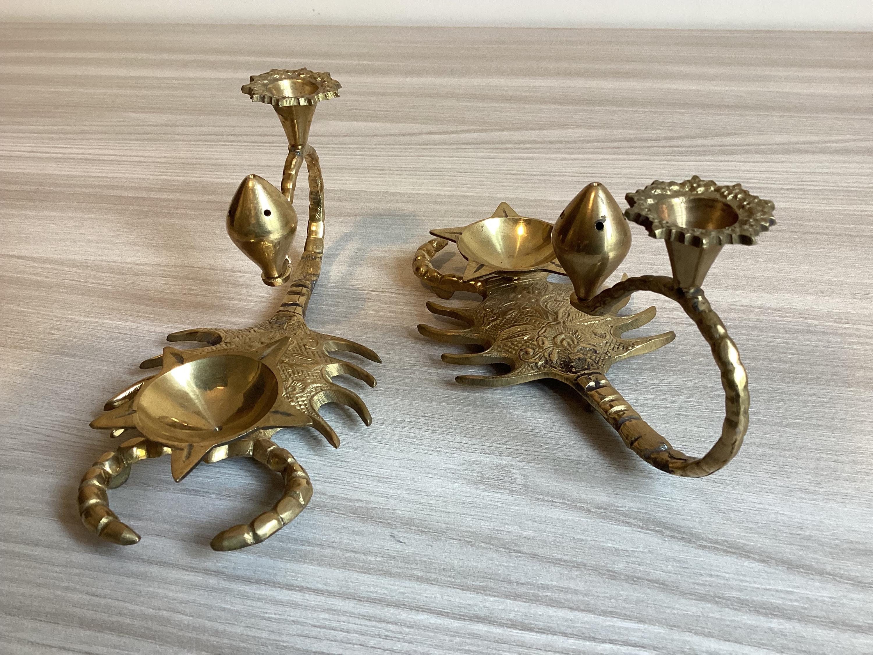 Vintage Candle Holders | 1950s Indian Brass Scorpion Shape, Incense & Fragrance Pair — photo 5 of 9
