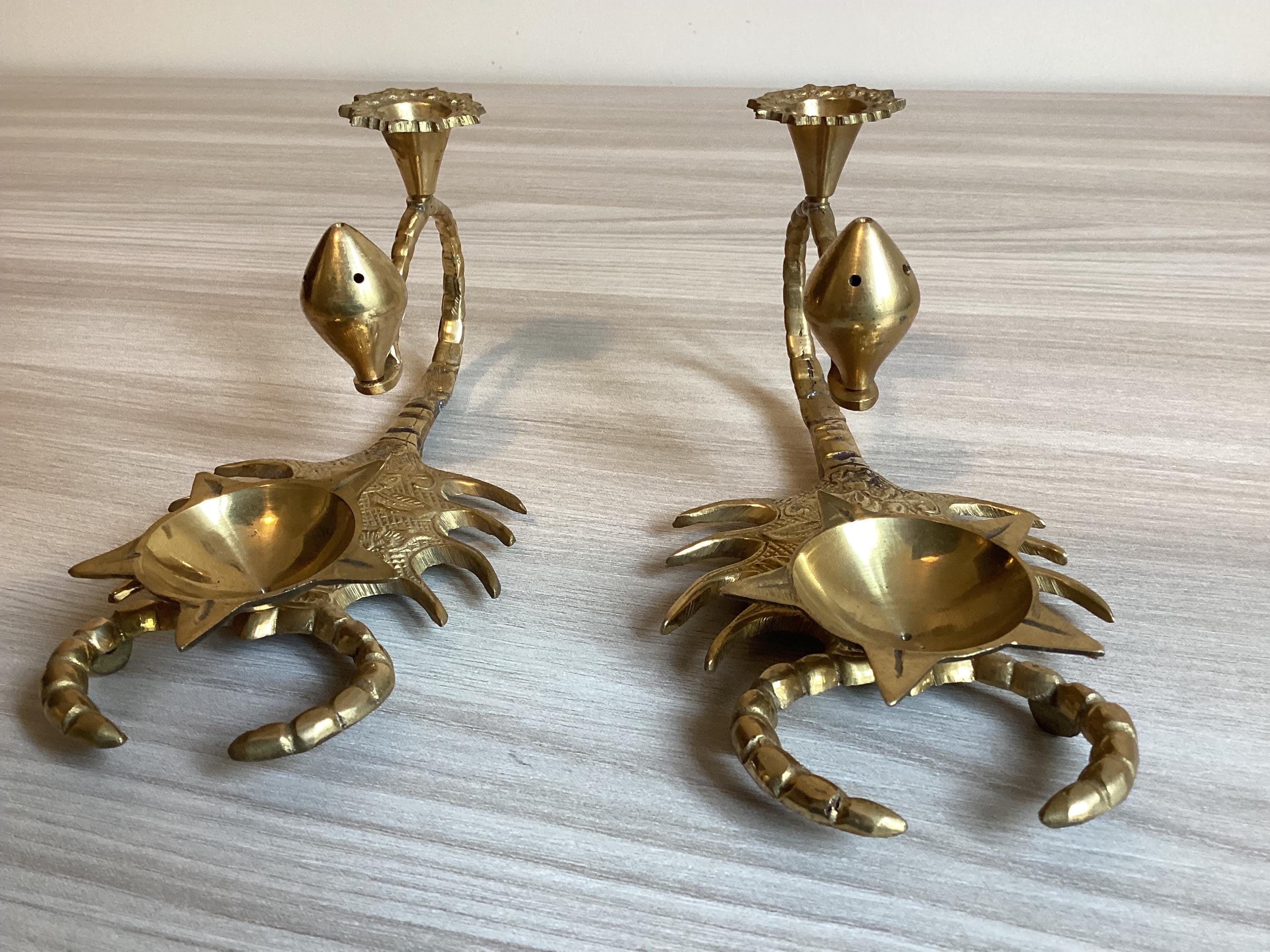 Vintage Candle Holders | 1950s Indian Brass Scorpion Shape, Incense & Fragrance Pair — photo 6 of 9