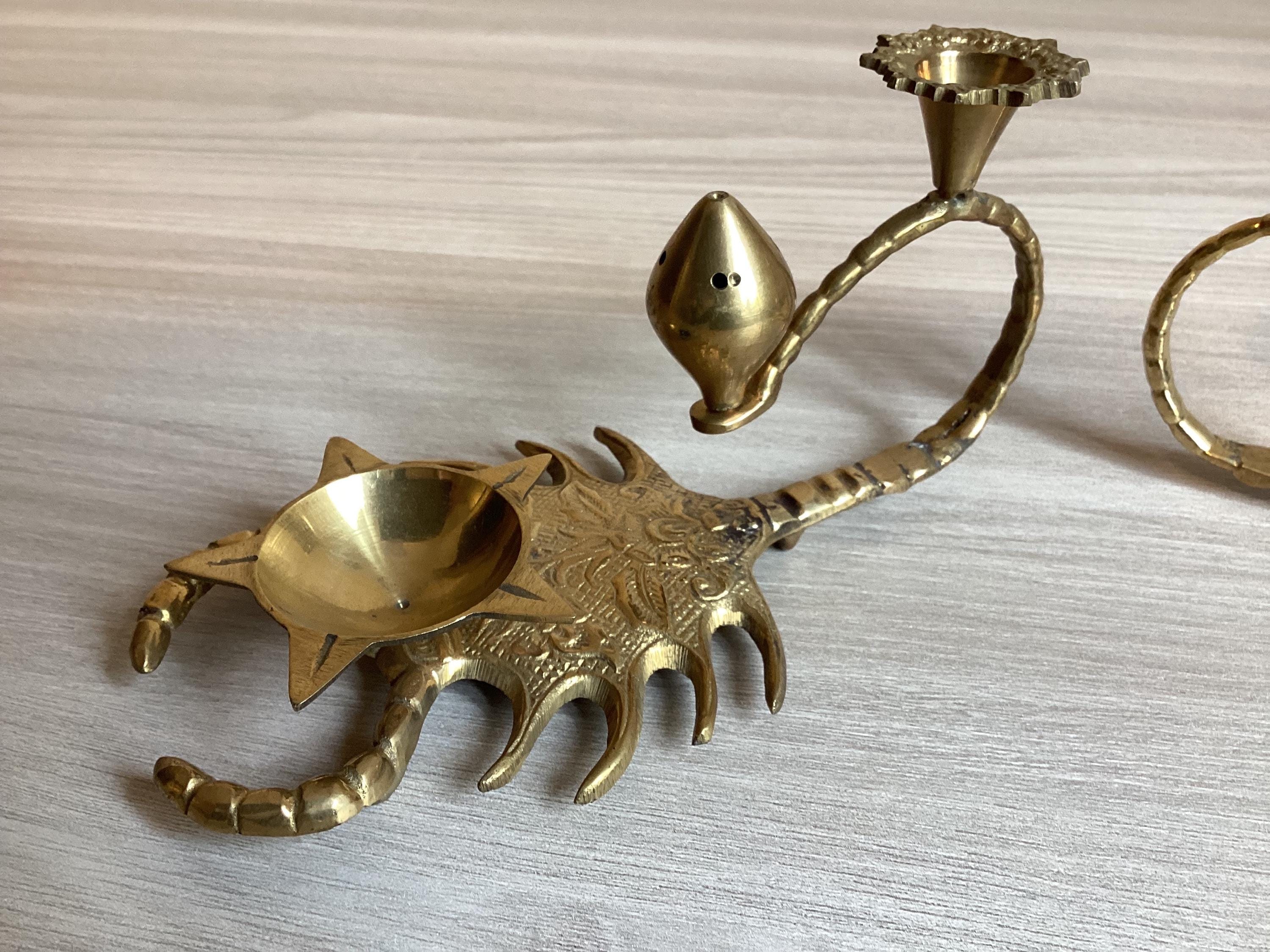 Vintage Candle Holders | 1950s Indian Brass Scorpion Shape, Incense & Fragrance Pair — photo 8 of 9
