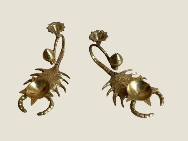 Vintage Candle Holders | 1950s Indian Brass Scorpion Shape, Incense & Fragrance Pair