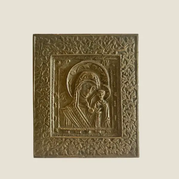 Religious Icon Bronze Plaque | Late 1800 Madonna of Kazan Relief, Devotional Metalwork