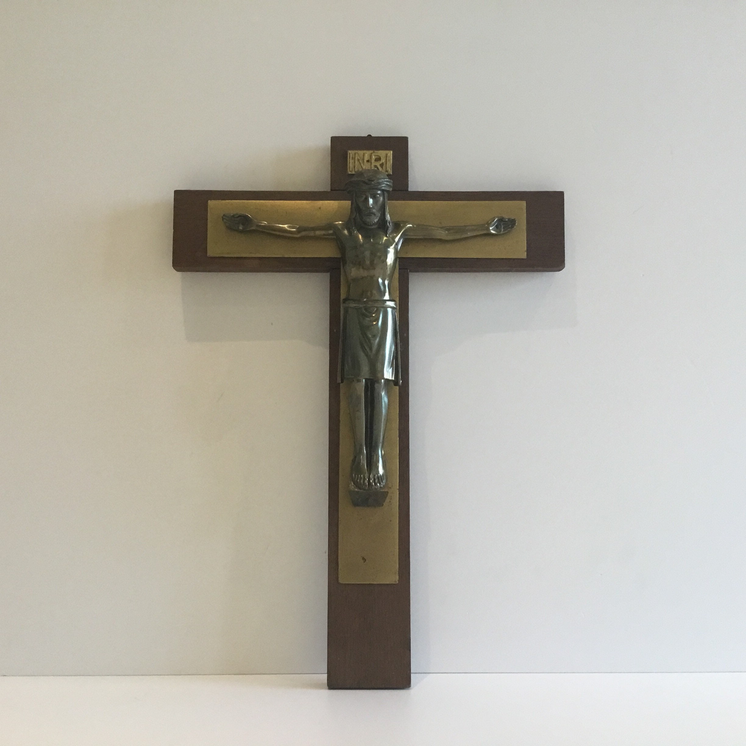 Vintage Crucifix | 1940s French Catholic Cross, Wood & Bronzed Metal Christ — photo 2 of 7