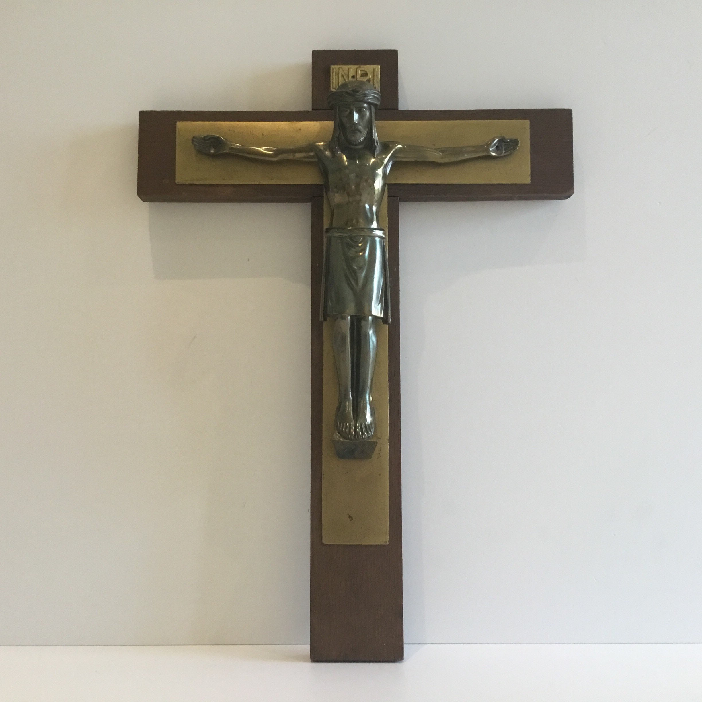 Vintage Crucifix | 1940s French Catholic Cross, Wood & Bronzed Metal Christ — photo 3 of 7