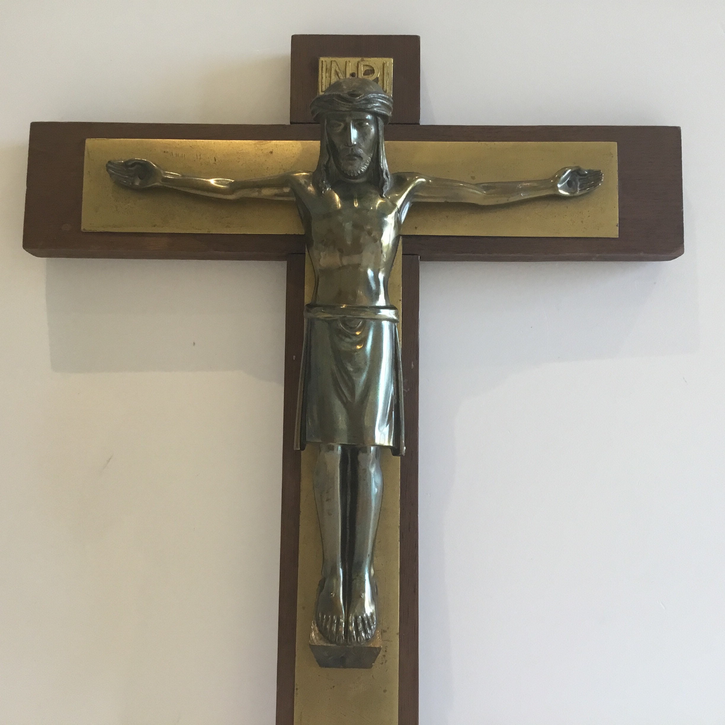 Vintage Crucifix | 1940s French Catholic Cross, Wood & Bronzed Metal Christ — photo 4 of 7