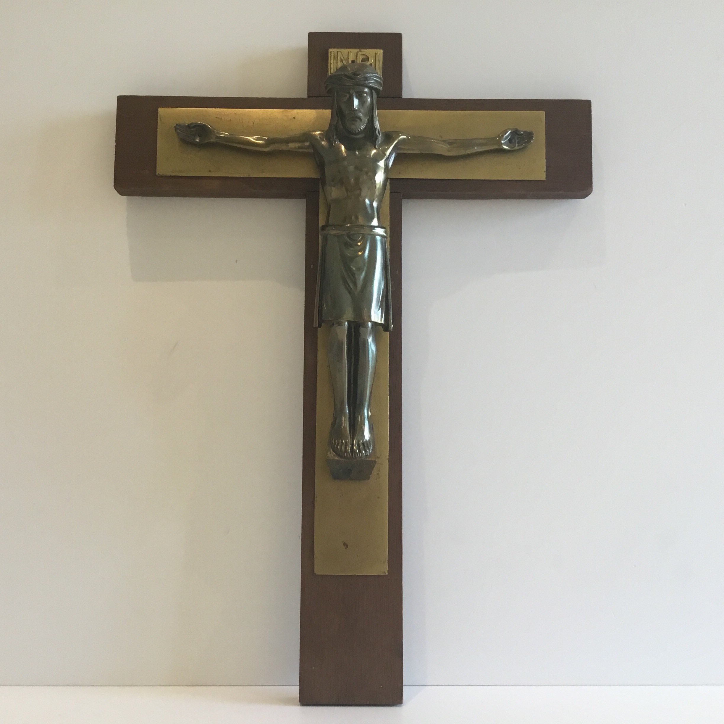Vintage Crucifix | 1940s French Catholic Cross, Wood & Bronzed Metal Christ — photo 5 of 7