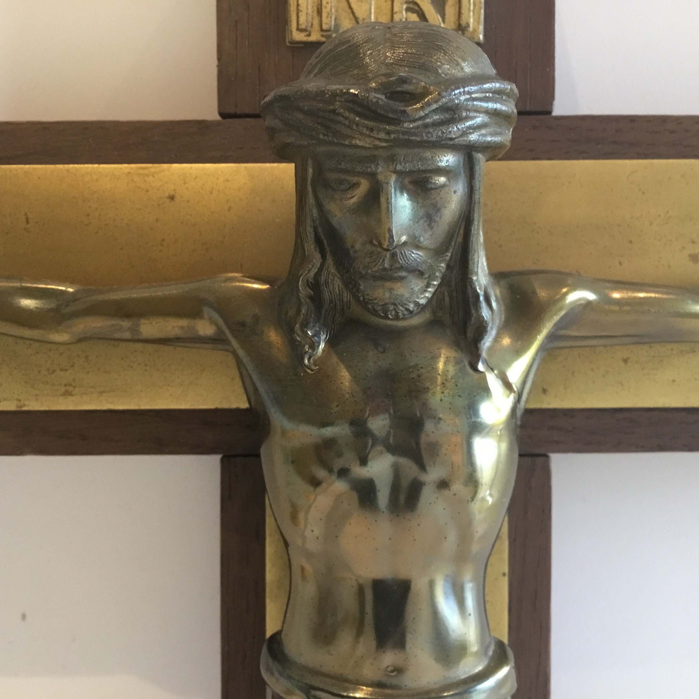 Vintage Crucifix | 1940s French Catholic Cross, Wood & Bronzed Metal Christ — photo 6 of 7