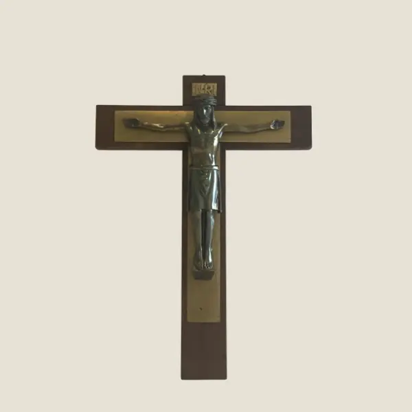 Vintage Crucifix | 1940s French Catholic Cross, Wood & Bronzed Metal Christ