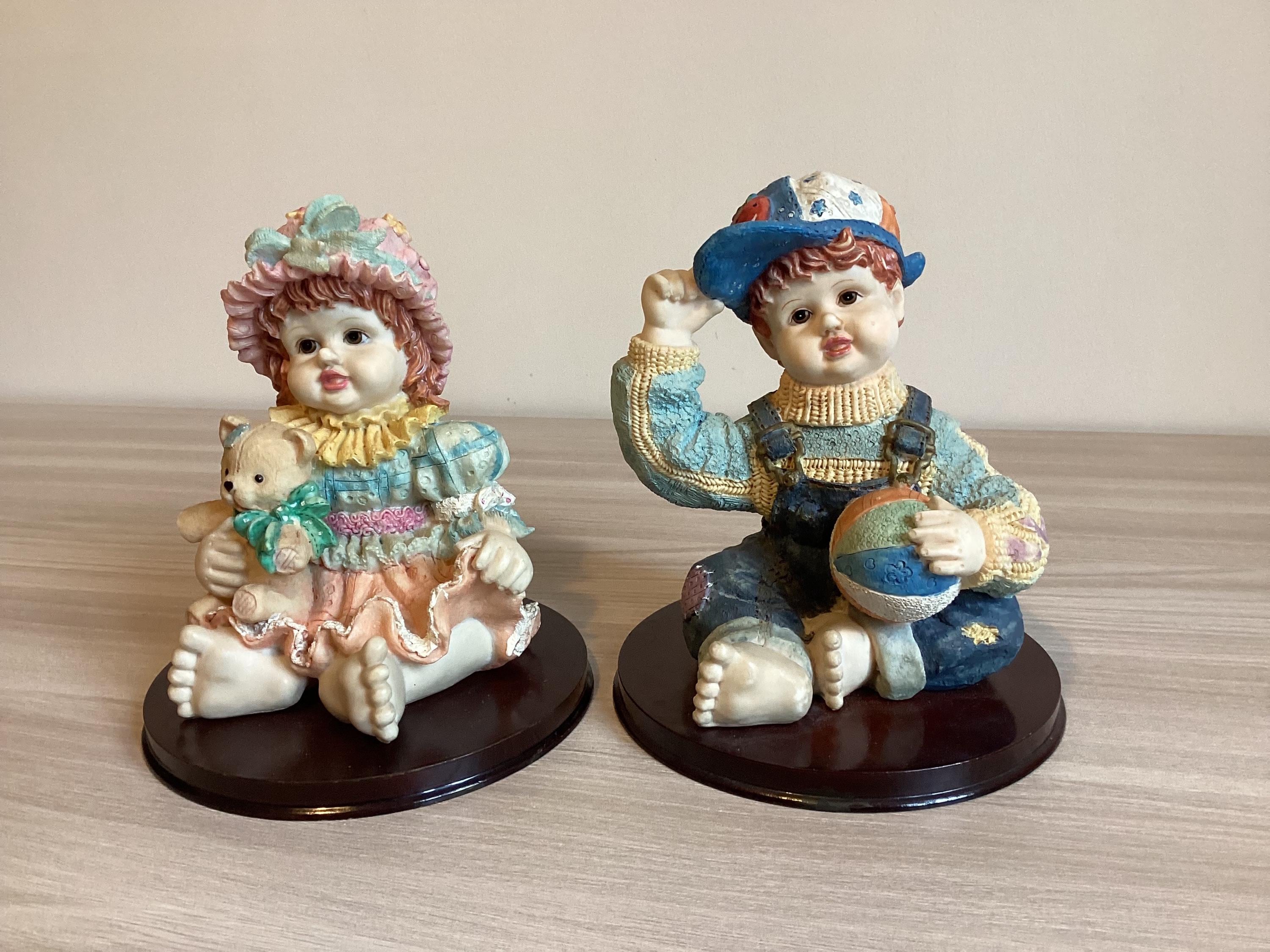 Vintage Italian Figurines | Pair of Hand-Painted Resin Children, Mounted on Base — photo 2 of 7