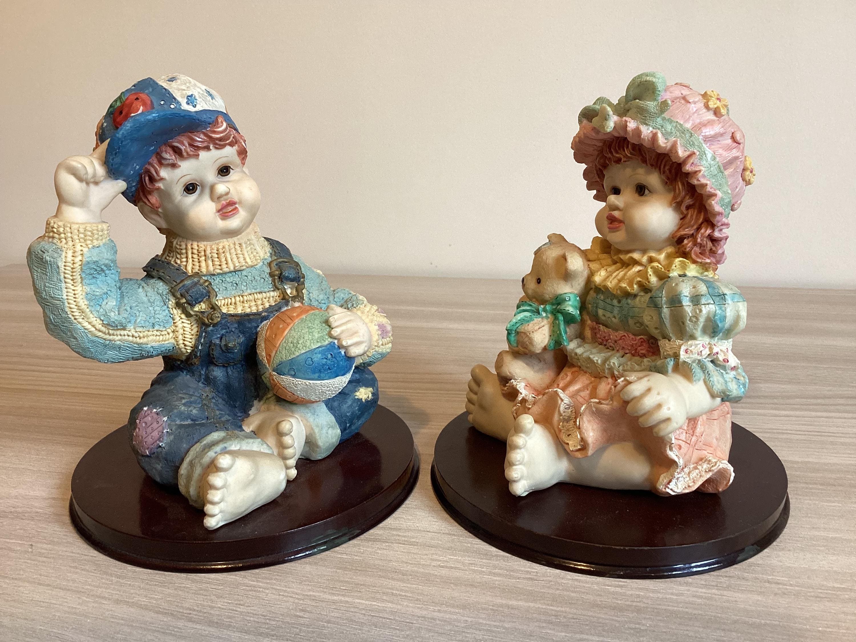 Vintage Italian Figurines | Pair of Hand-Painted Resin Children, Mounted on Base — photo 3 of 7